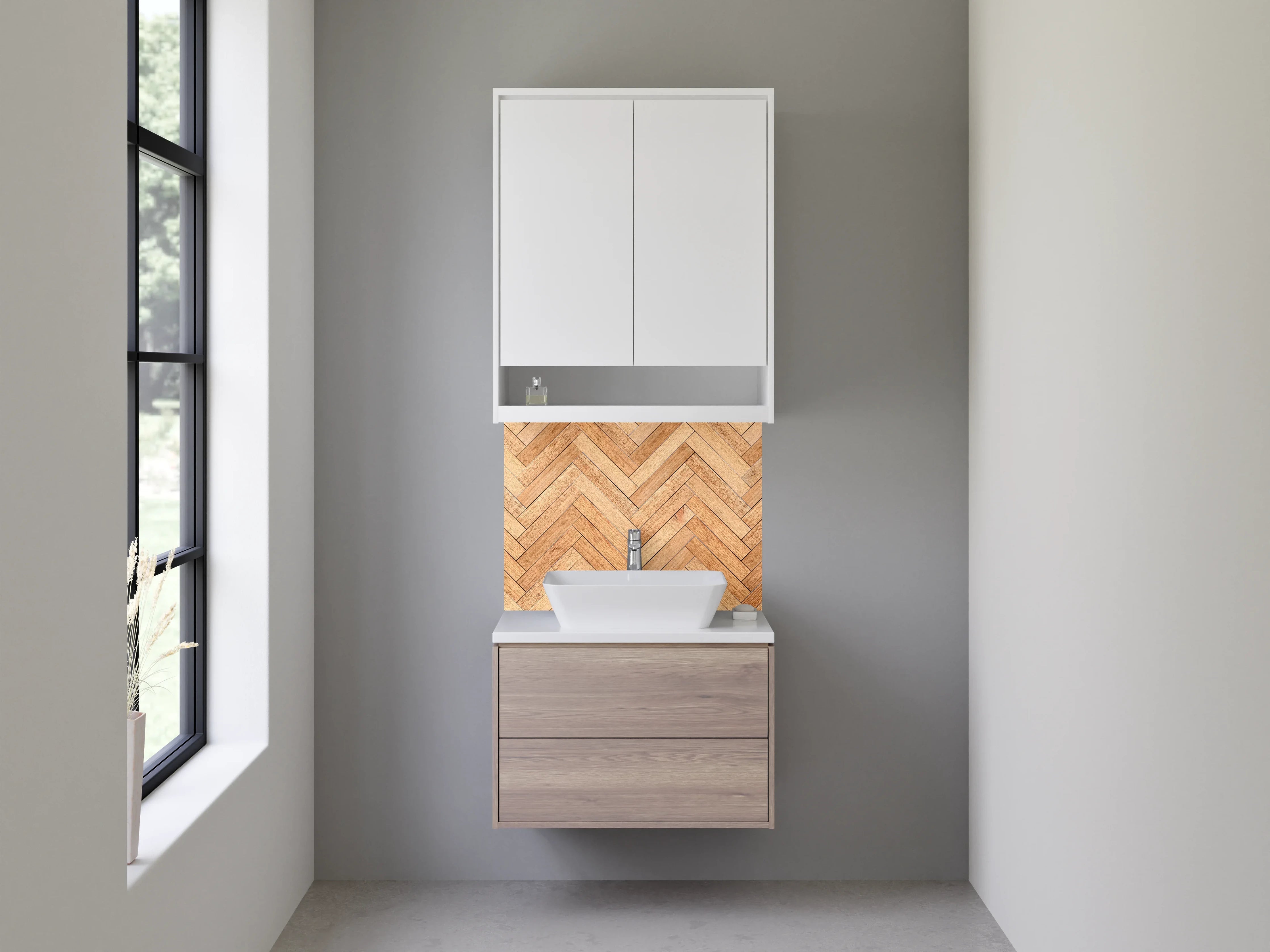 Waschbecken-Rückwand - Helle Holzfliese im Parkettmuster