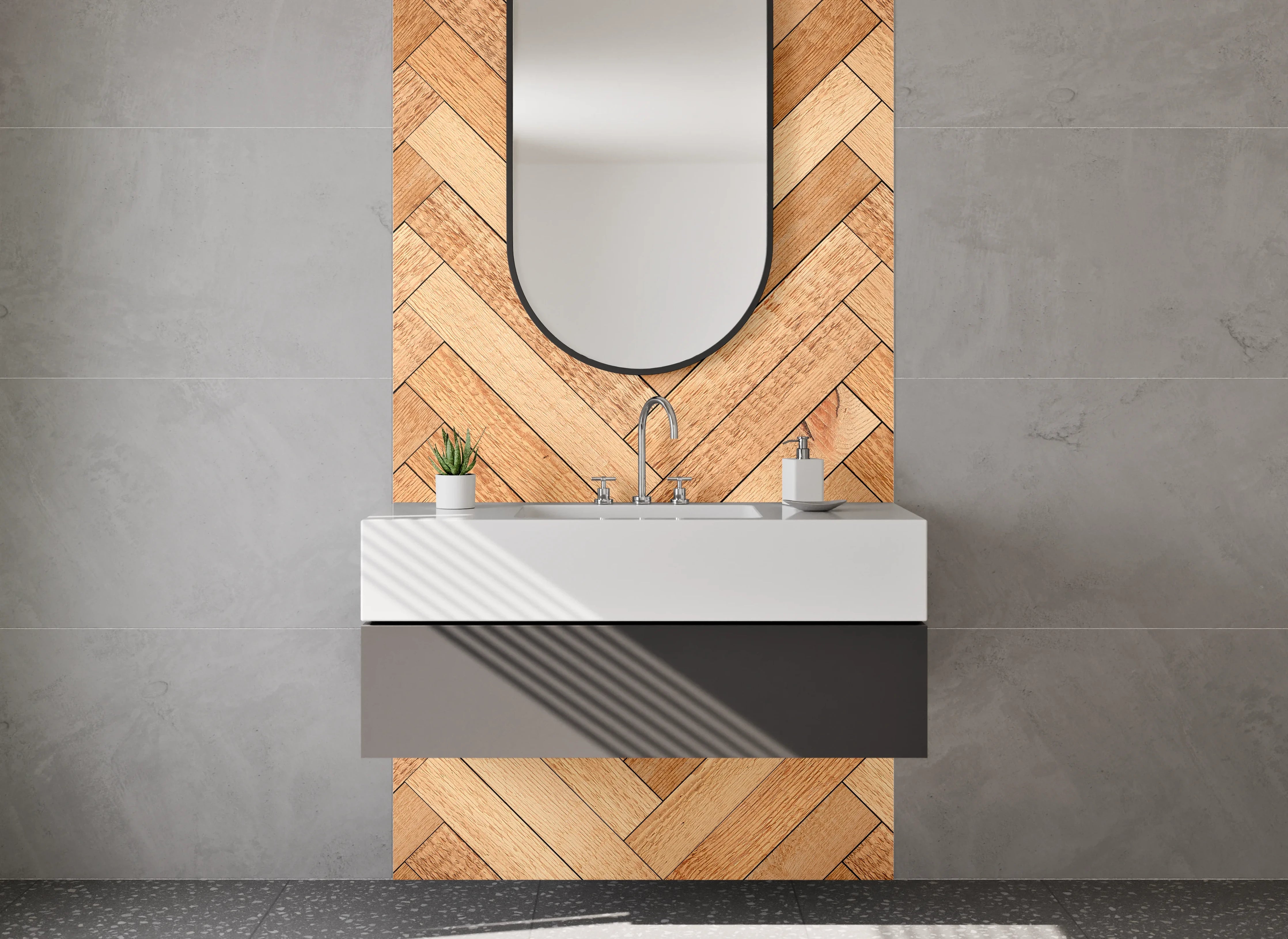 Waschbecken-Rückwand - Helle Holzfliese im Parkettmuster