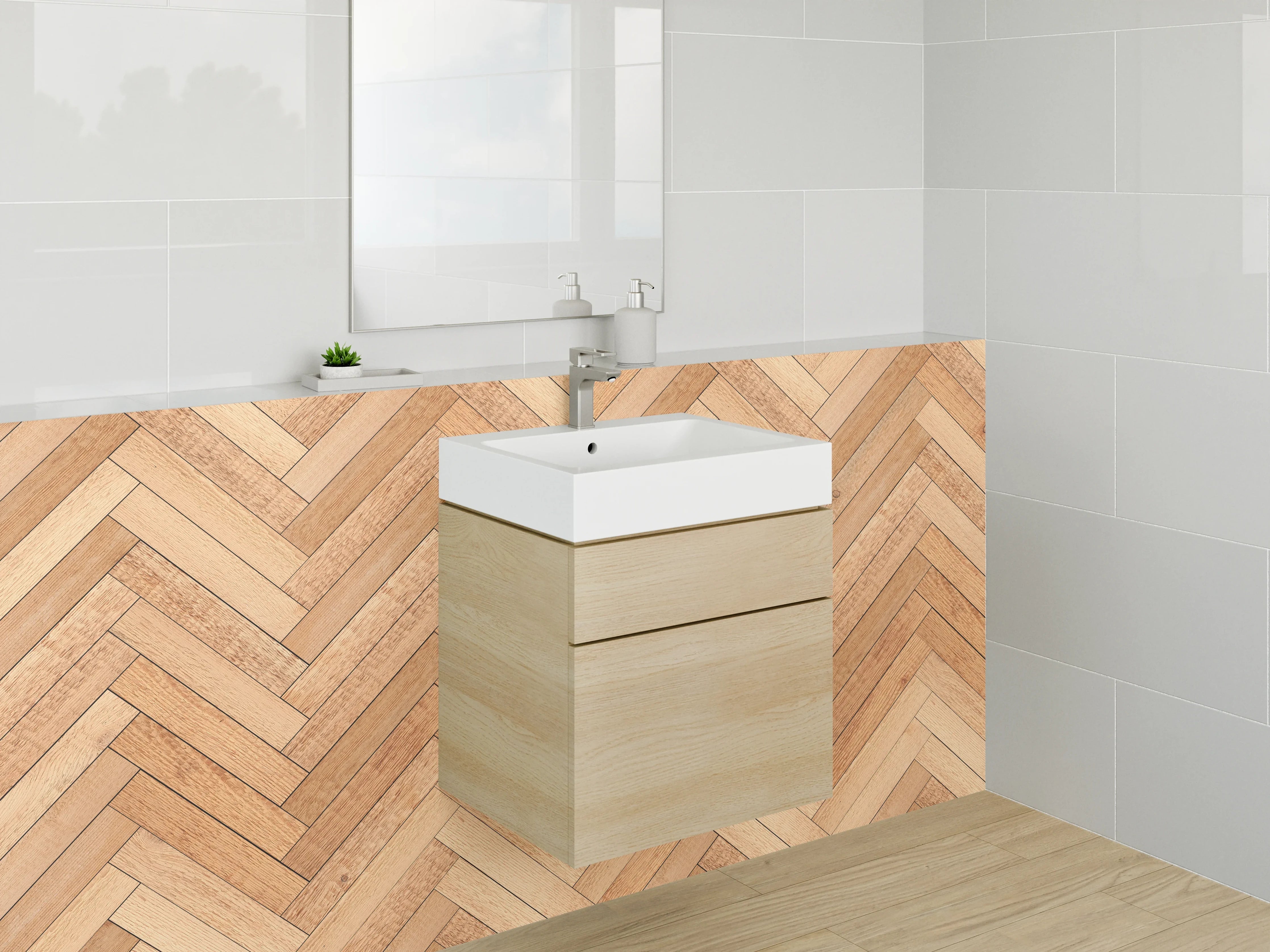 Waschbecken-Rückwand - Helle Holzfliese im Parkettmuster