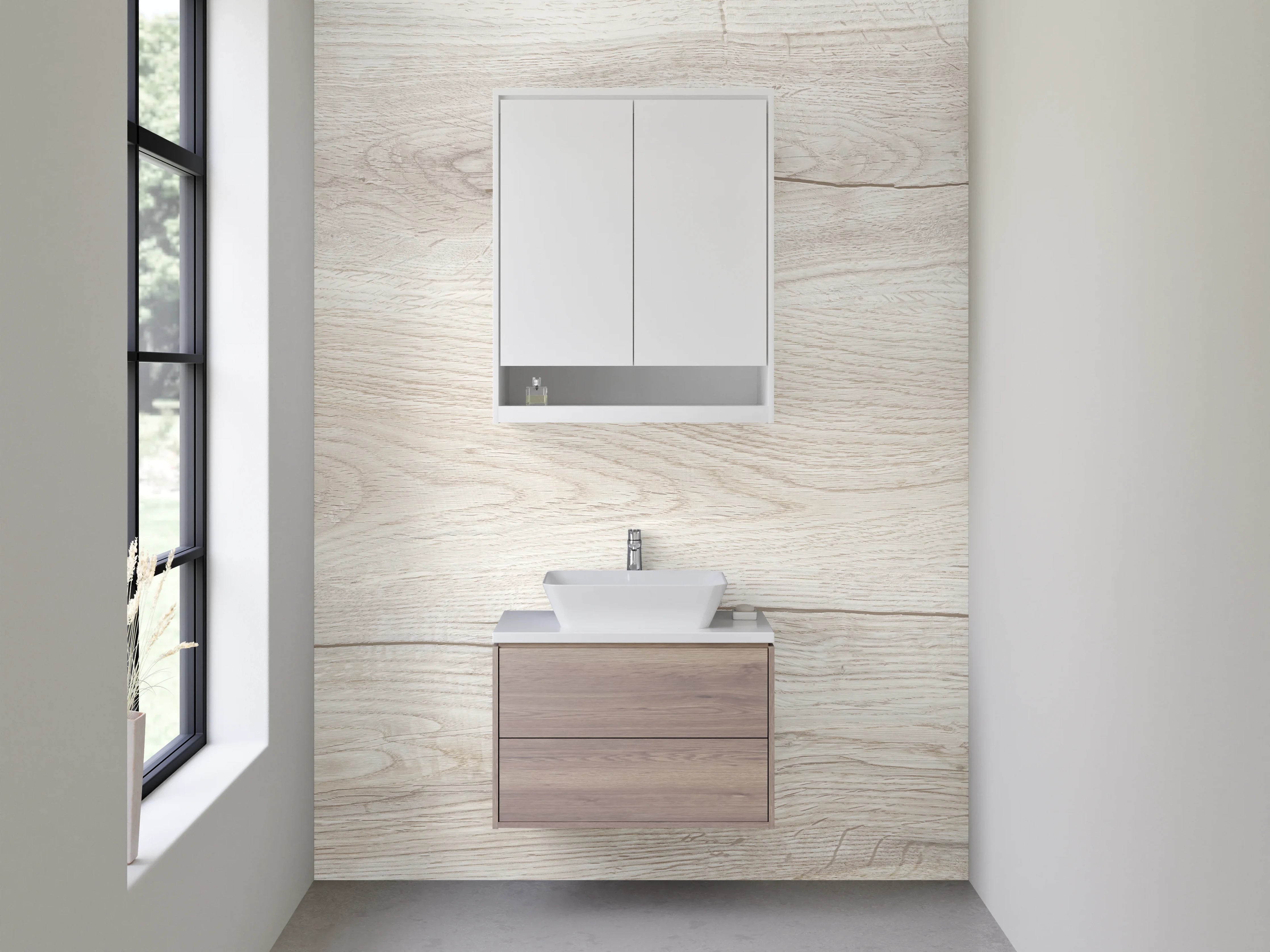 Waschbecken-Rückwand - Helle Holzoptik Waschrückwand Weiß-Grau
