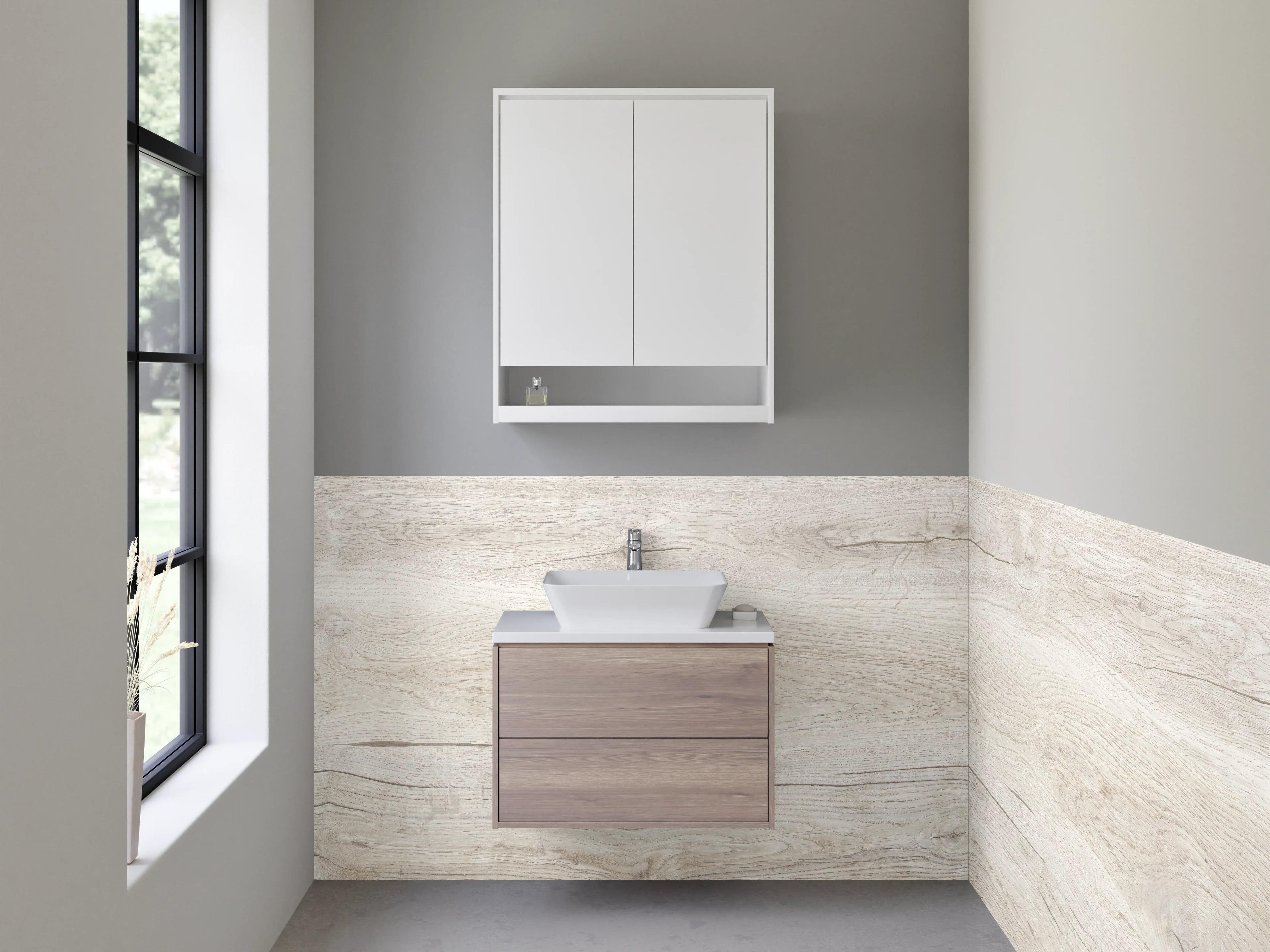 Waschbecken-Rückwand - Helle Holzoptik Waschrückwand Weiß-Grau