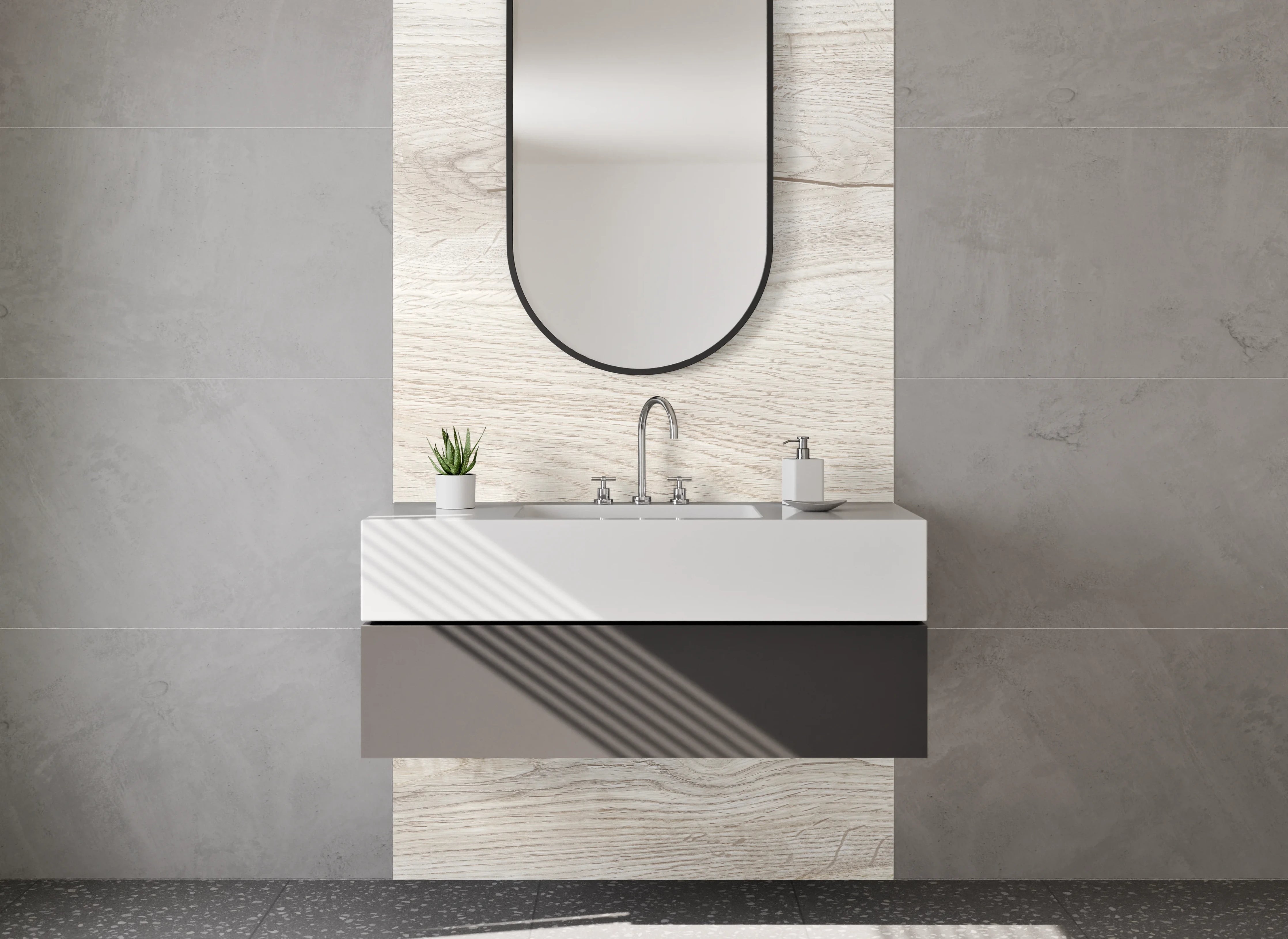 Waschbecken-Rückwand - Helle Holzoptik Waschrückwand Weiß-Grau