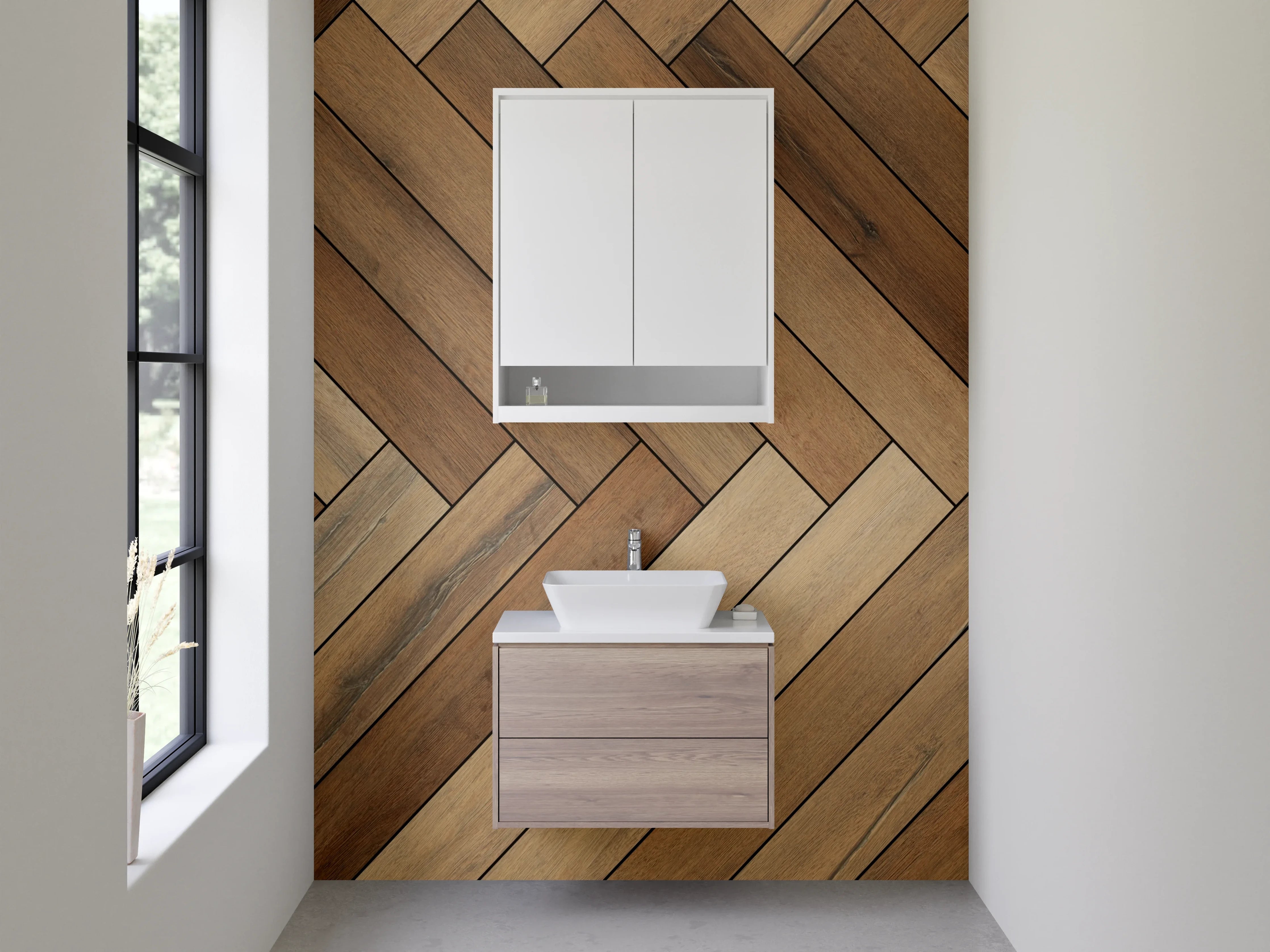Waschbecken-Rückwand - Helle Holzparkett im Herringbone-Muster