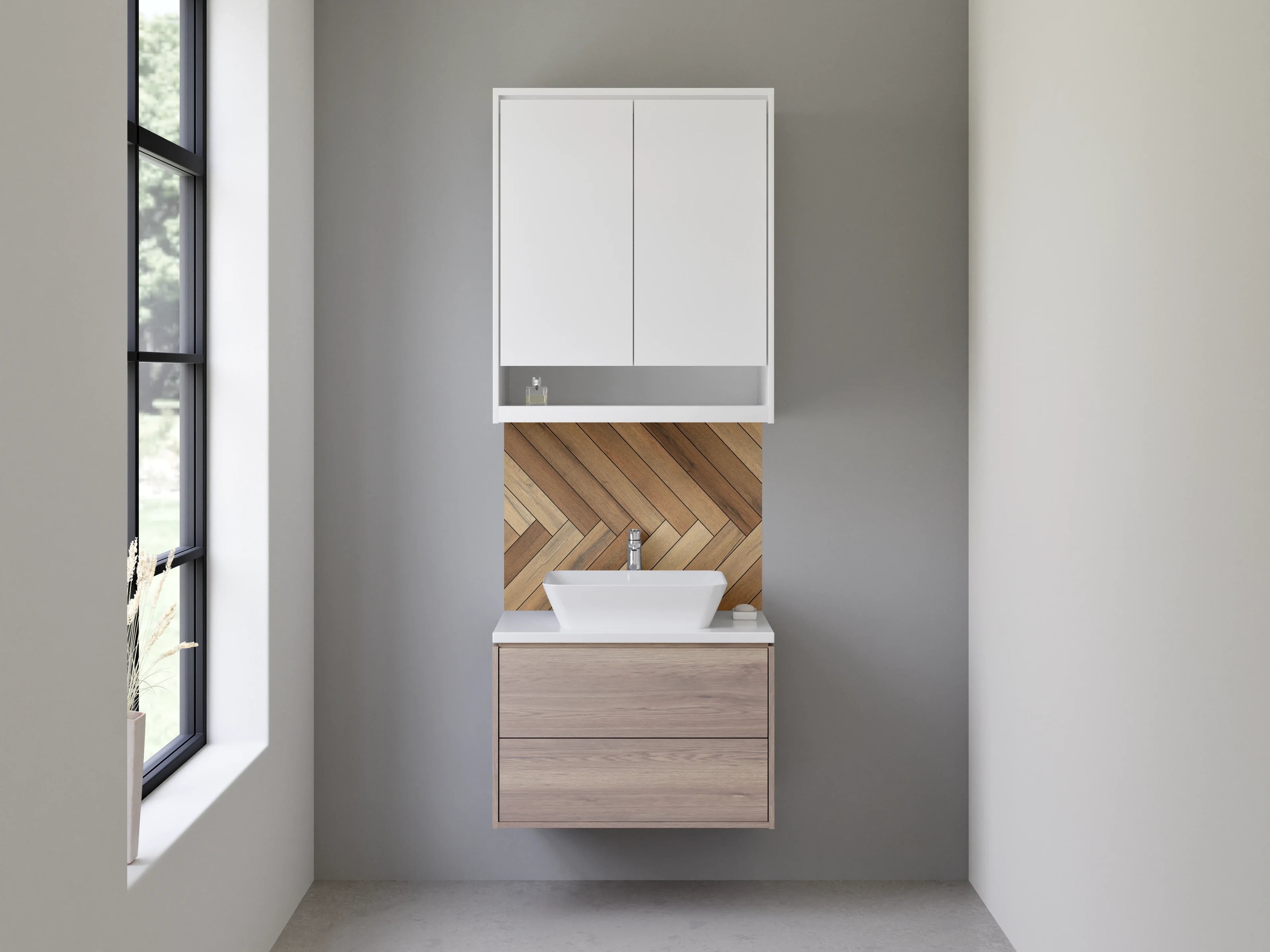 Waschbecken-Rückwand - Helle Holzparkett im Herringbone-Muster