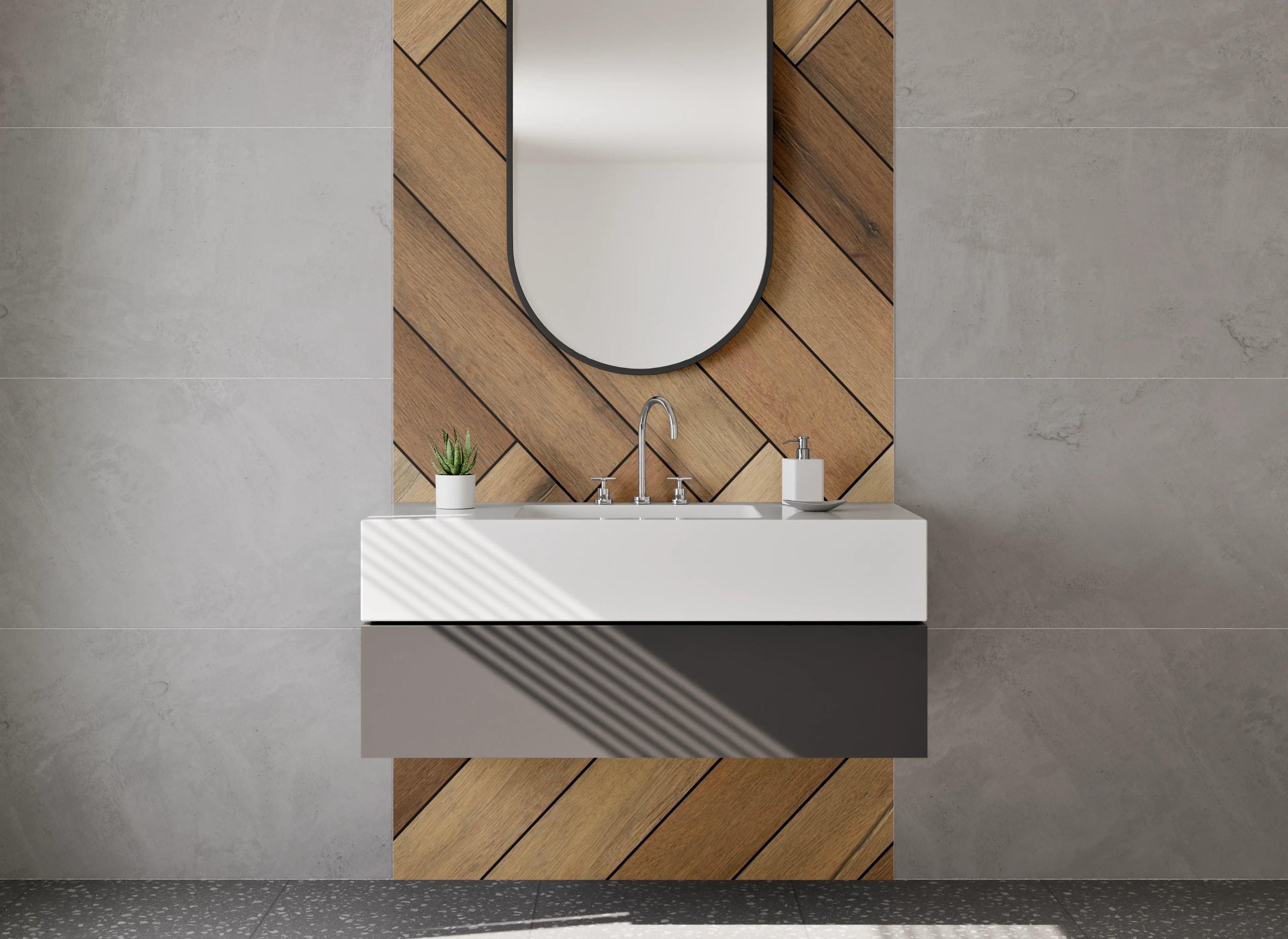 Waschbecken-Rückwand - Helle Holzparkett im Herringbone-Muster