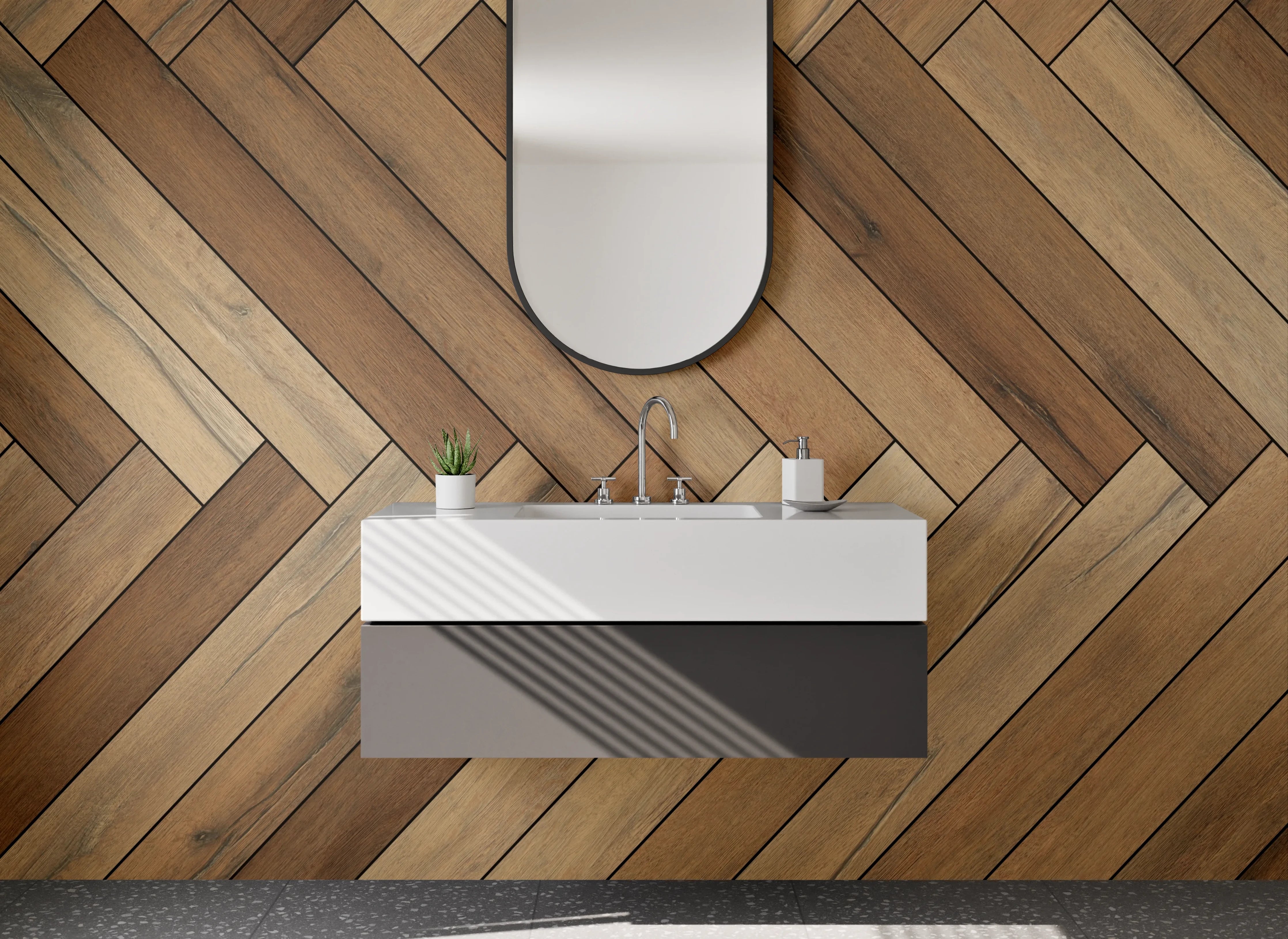 Waschbecken-Rückwand - Helle Holzparkett im Herringbone-Muster