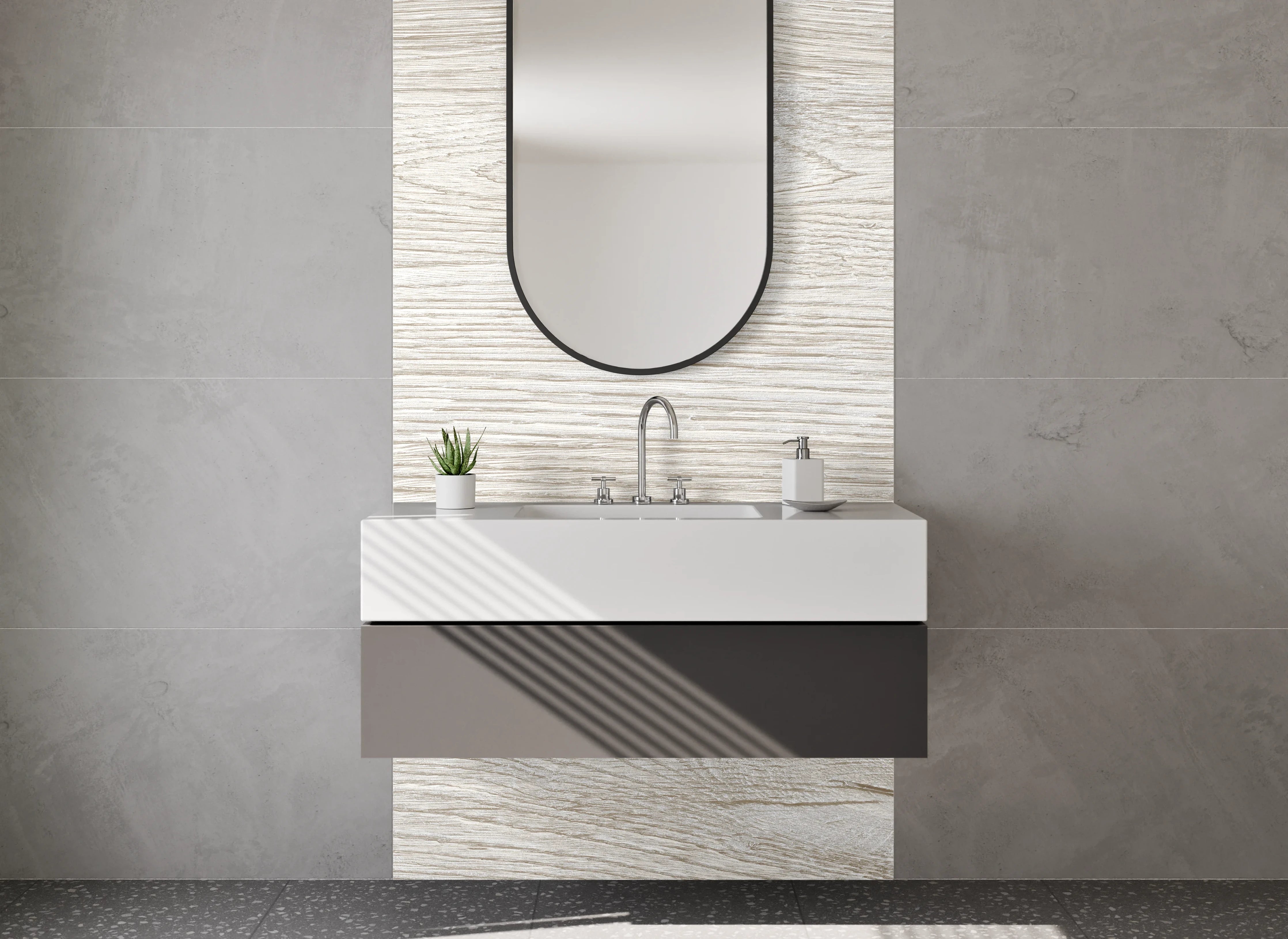 Waschbecken-Rückwand - Helle Holzstruktur in Beige und Grau