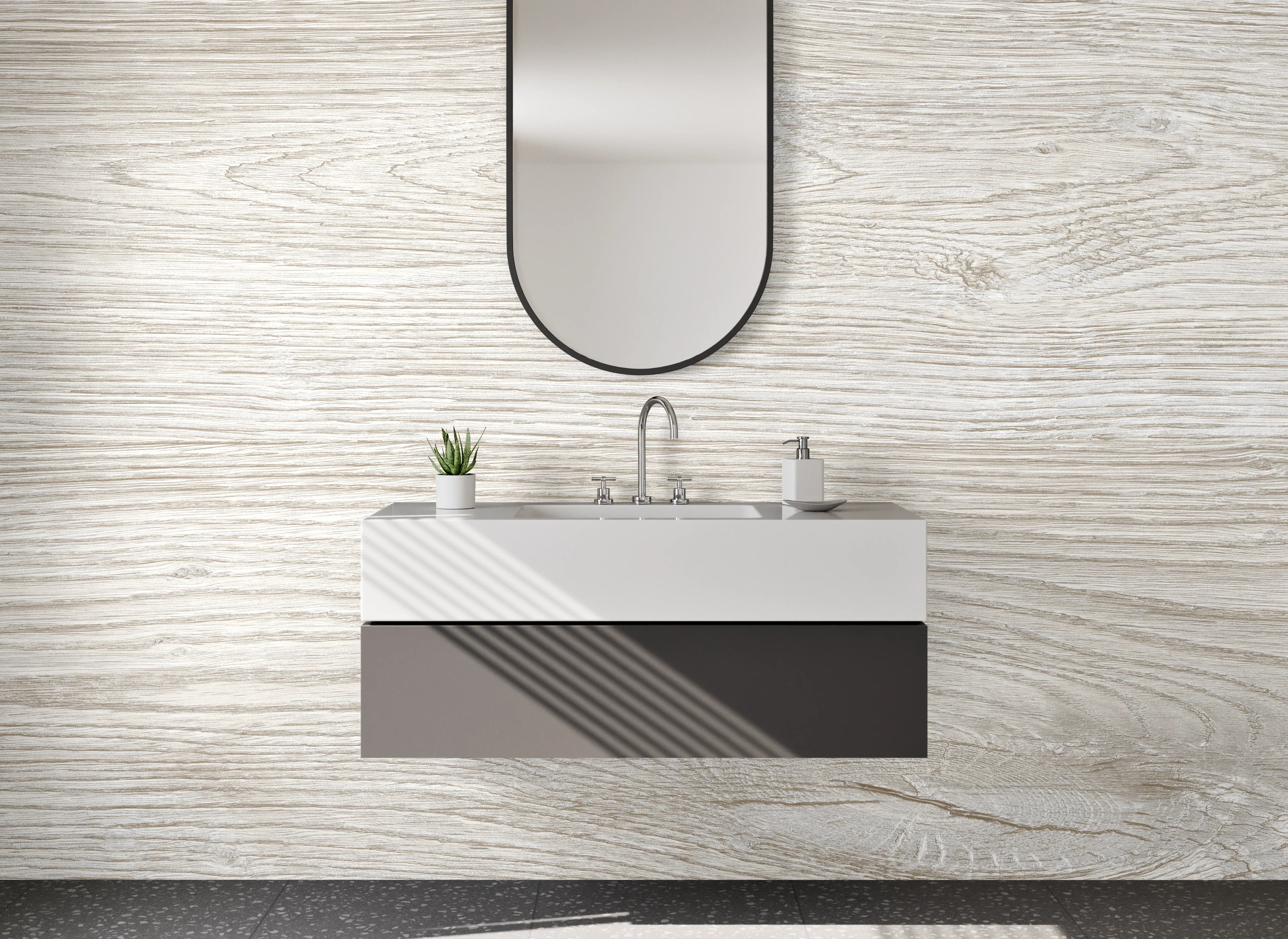 Waschbecken-Rückwand - Helle Holzstruktur in Beige und Grau