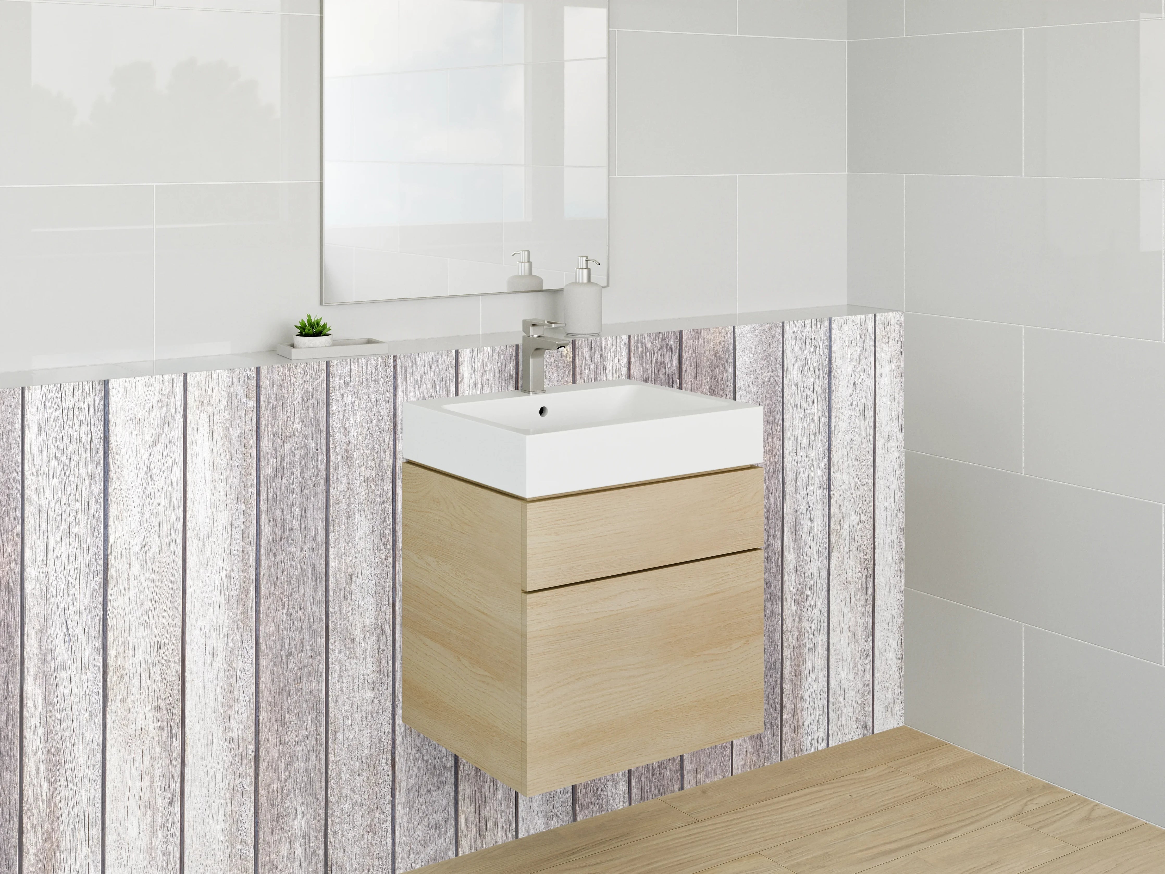 Waschbecken-Rückwand - Helle Holzvertäfelung im natürlichen Look