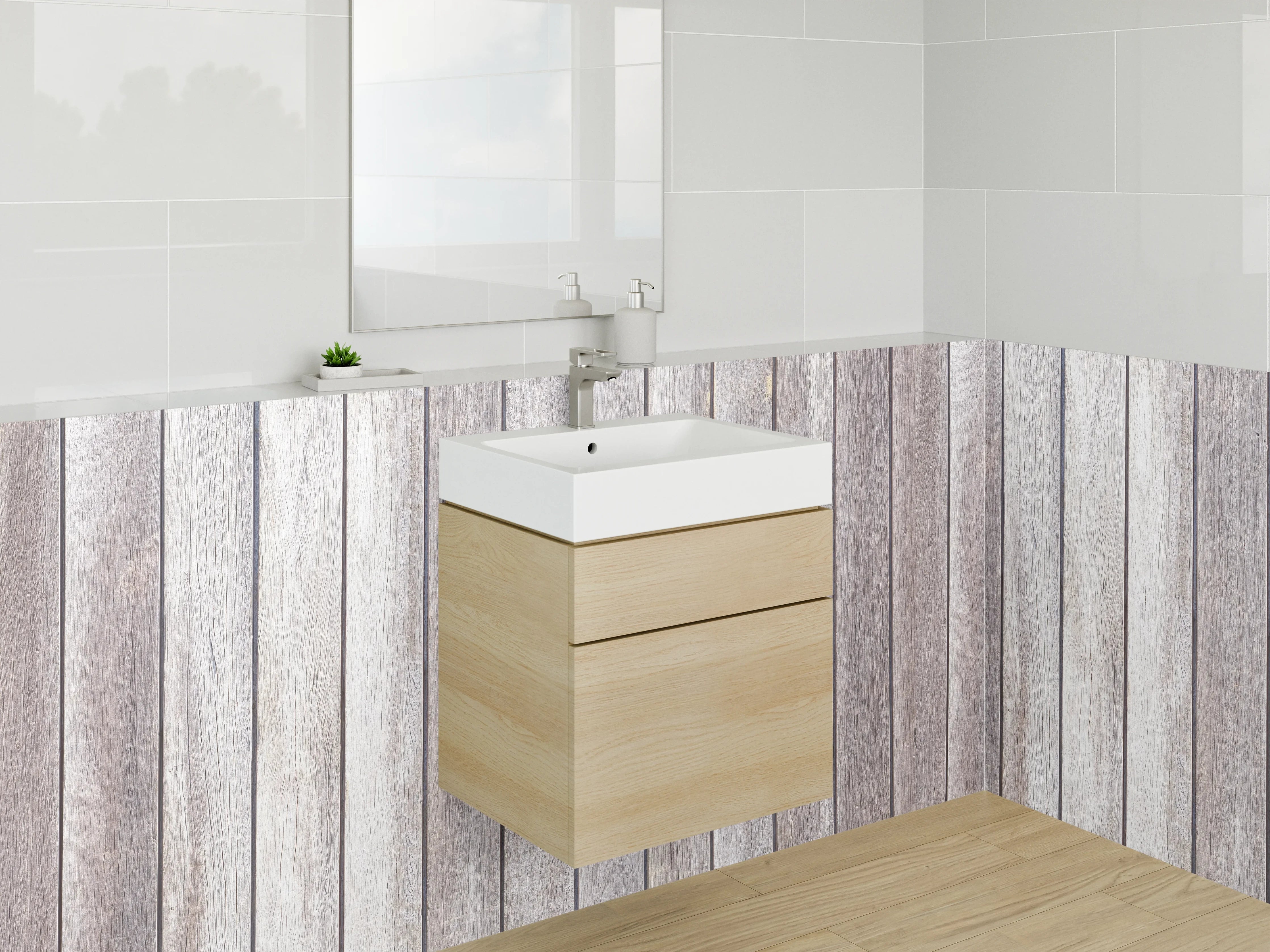 Waschbecken-Rückwand - Helle Holzvertäfelung im natürlichen Look