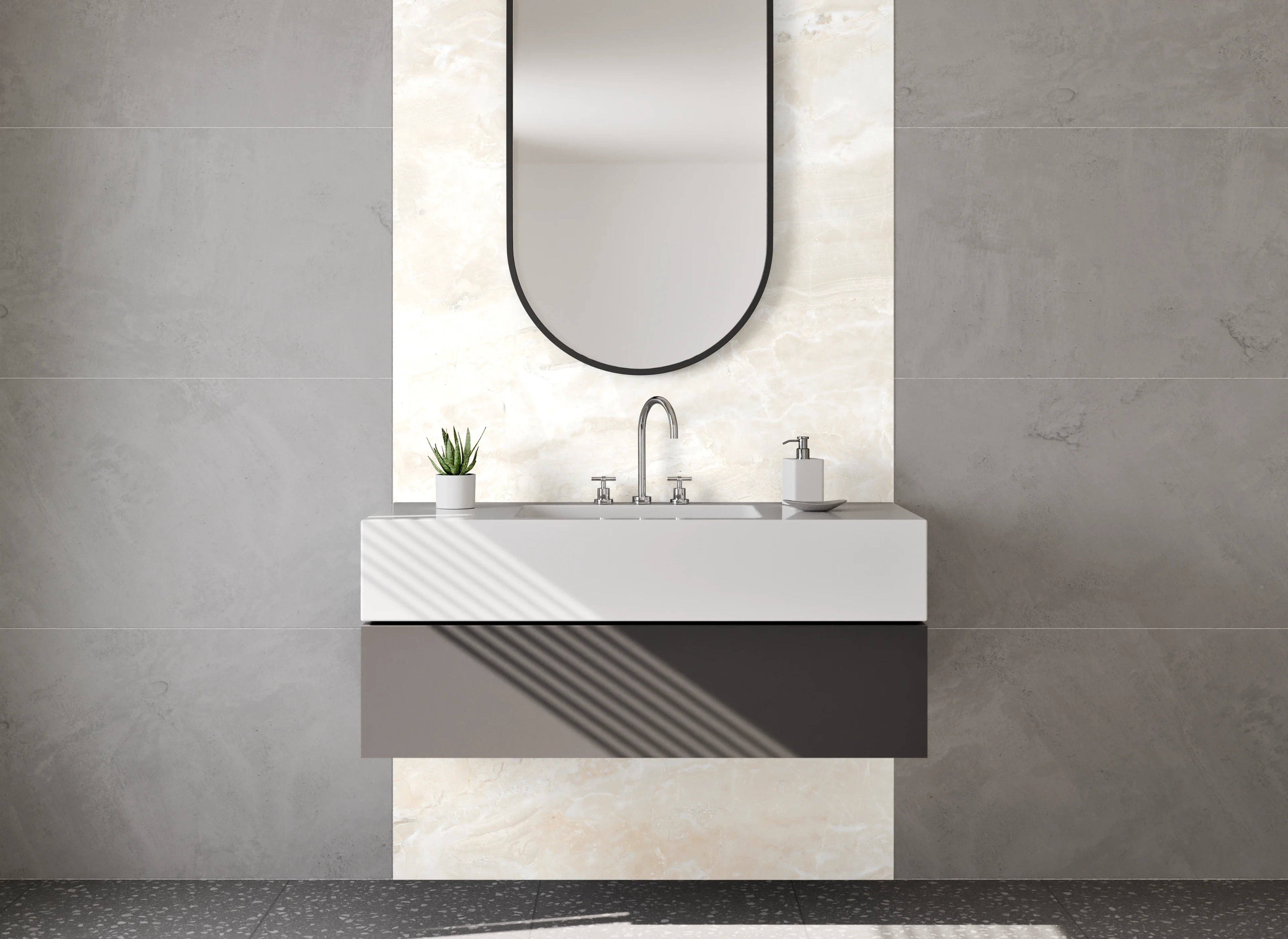 Waschbecken-Rückwand - Helle Marmoroptik Weiß Beige Grau