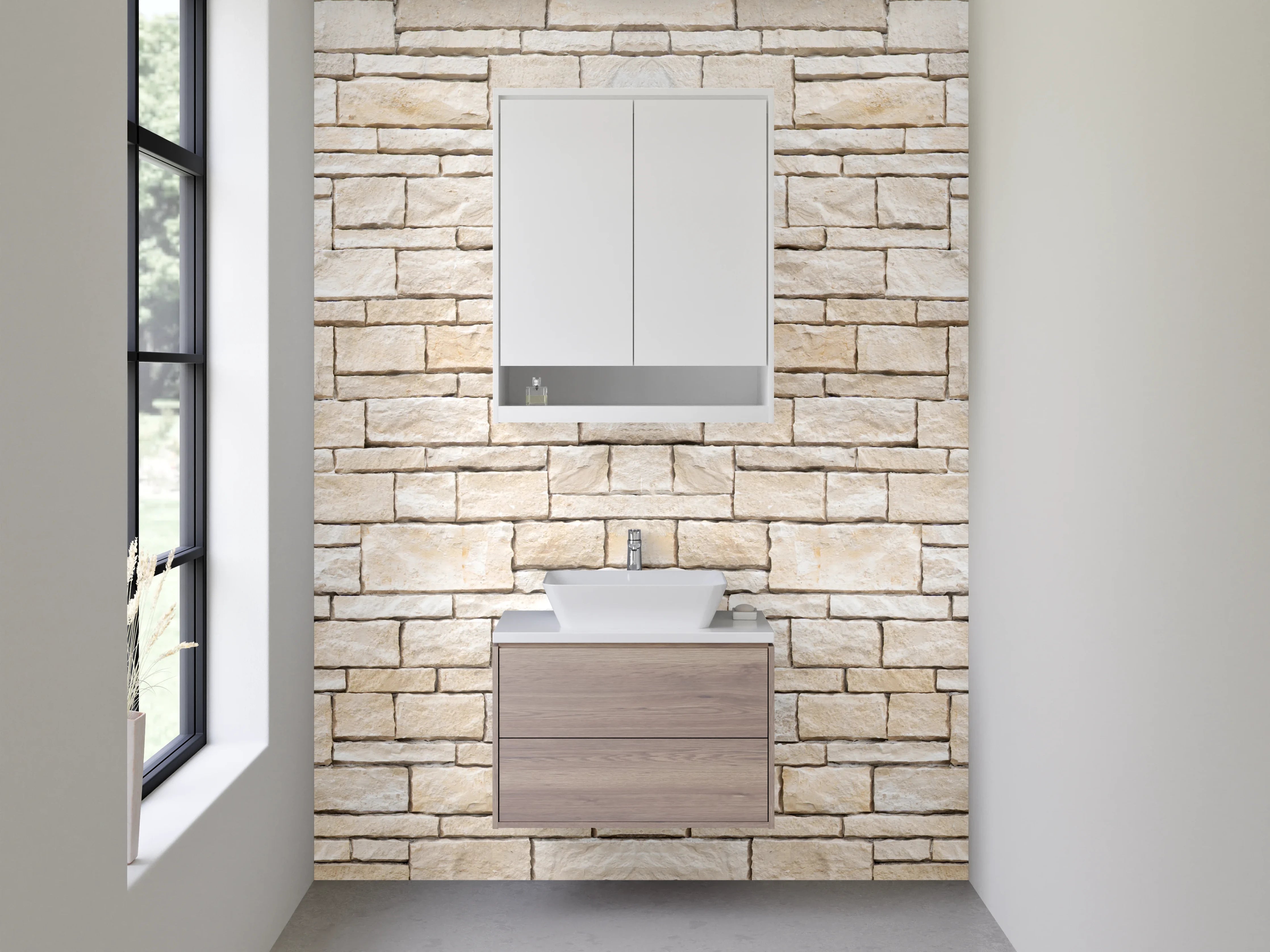 Waschbecken-Rückwand - Helle Steinmauer für moderne Rückwände