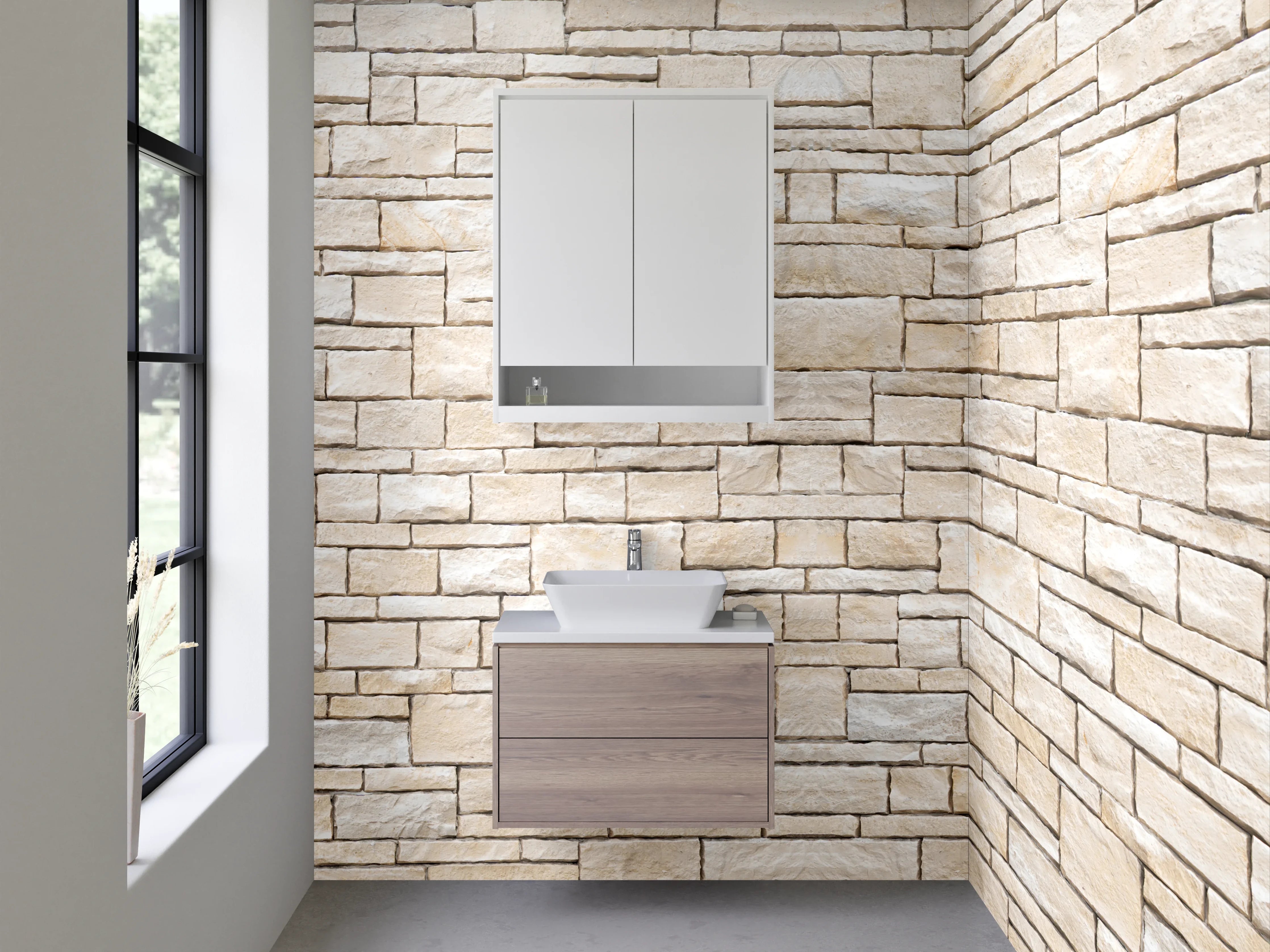 Waschbecken-Rückwand - Helle Steinmauer für moderne Rückwände