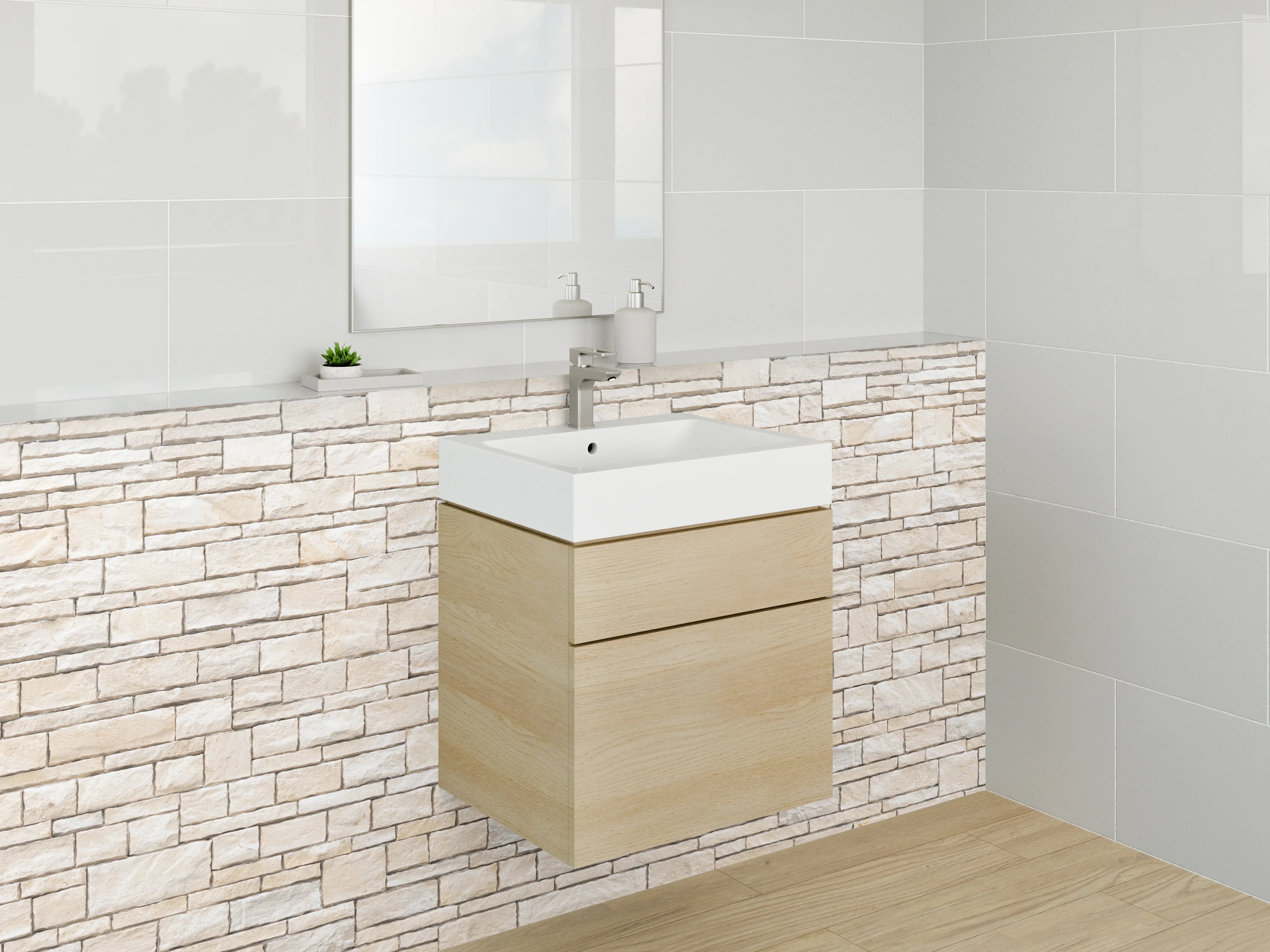 Waschbecken-Rückwand - Helle Steinmauer für moderne Rückwände