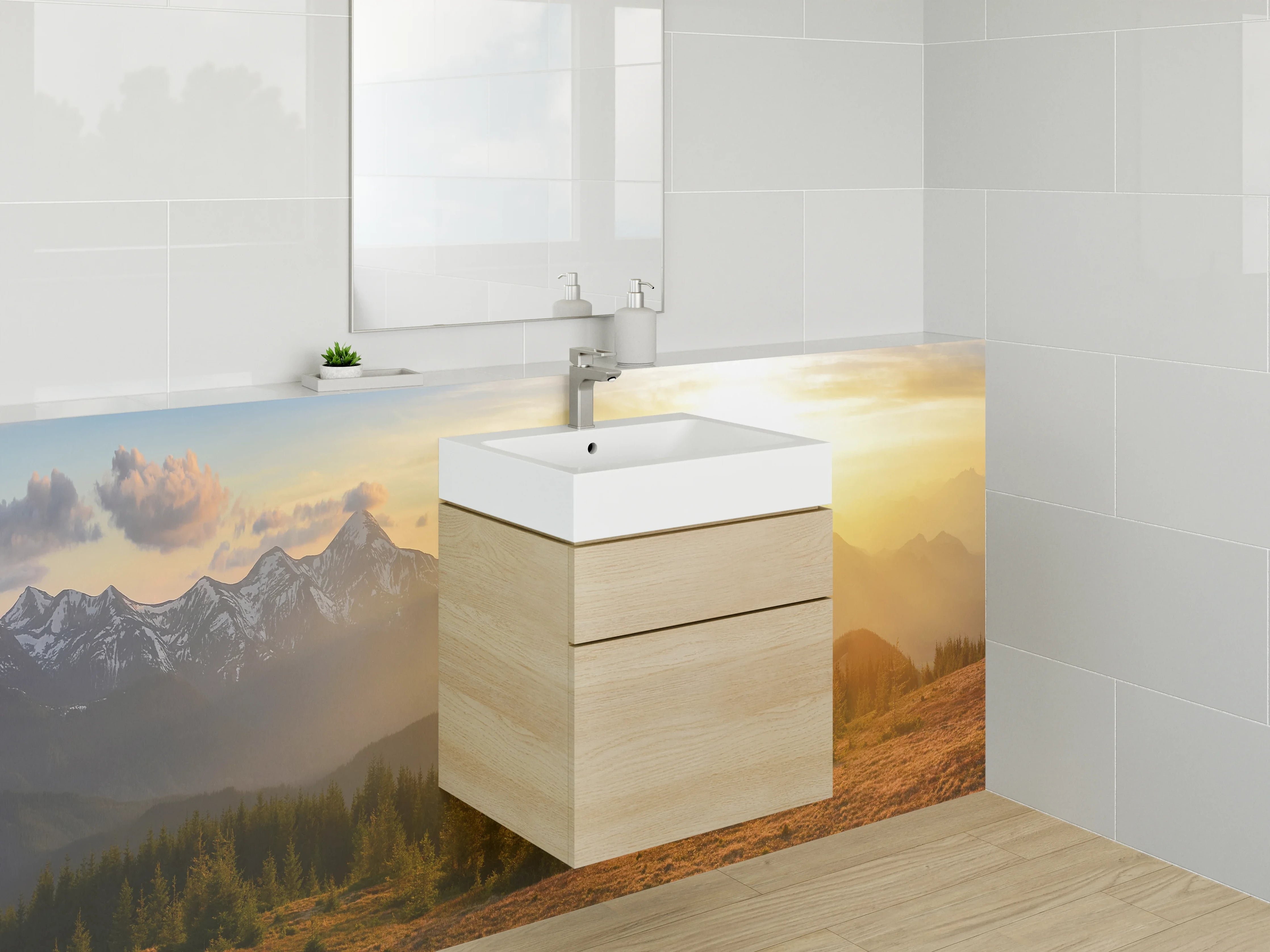 Waschbecken-Rückwand - Helle Wand in sanften Graunuancen
