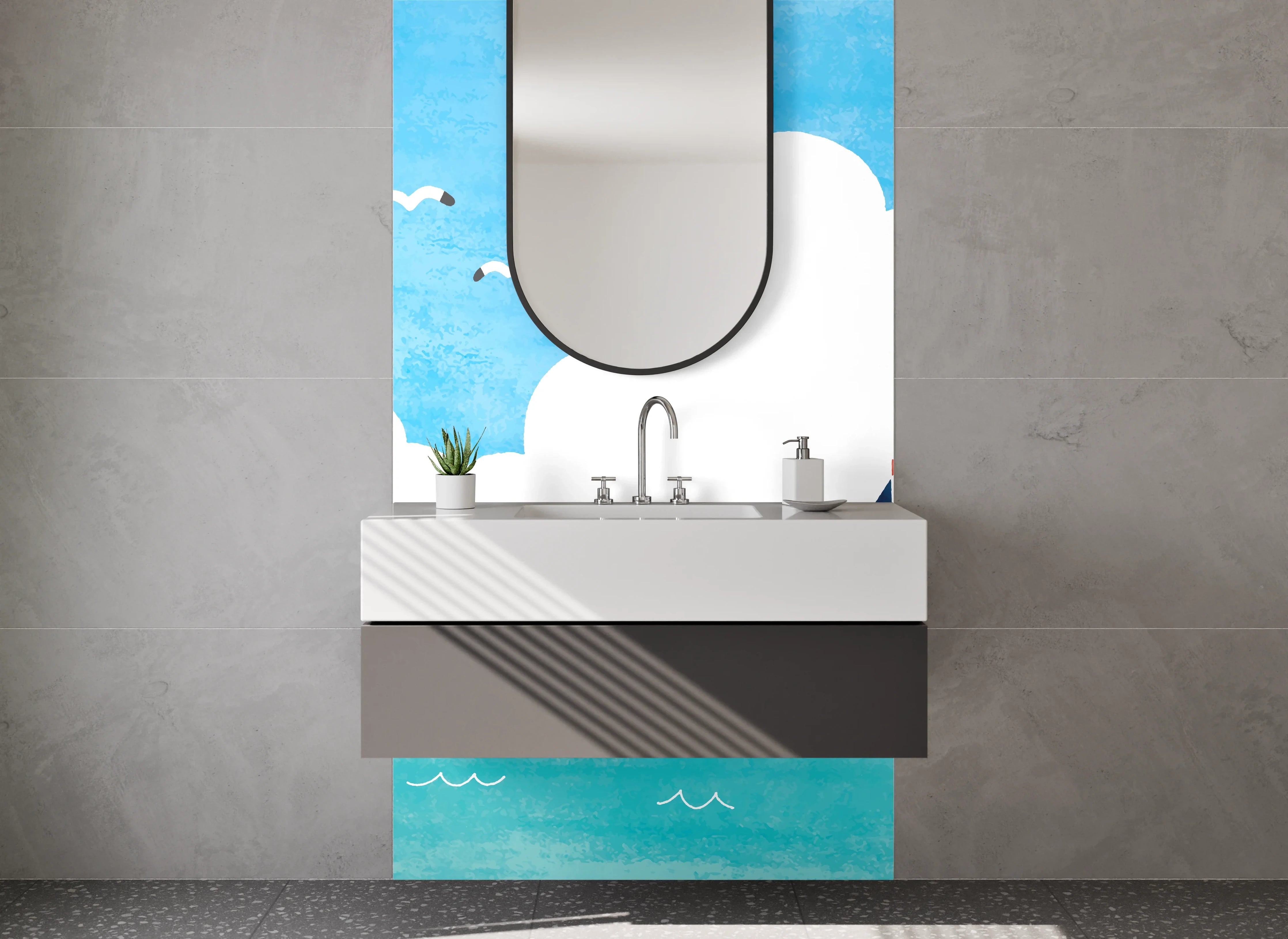 Waschbecken-Rückwand - Helle Wasserträume mit Grauschimmer