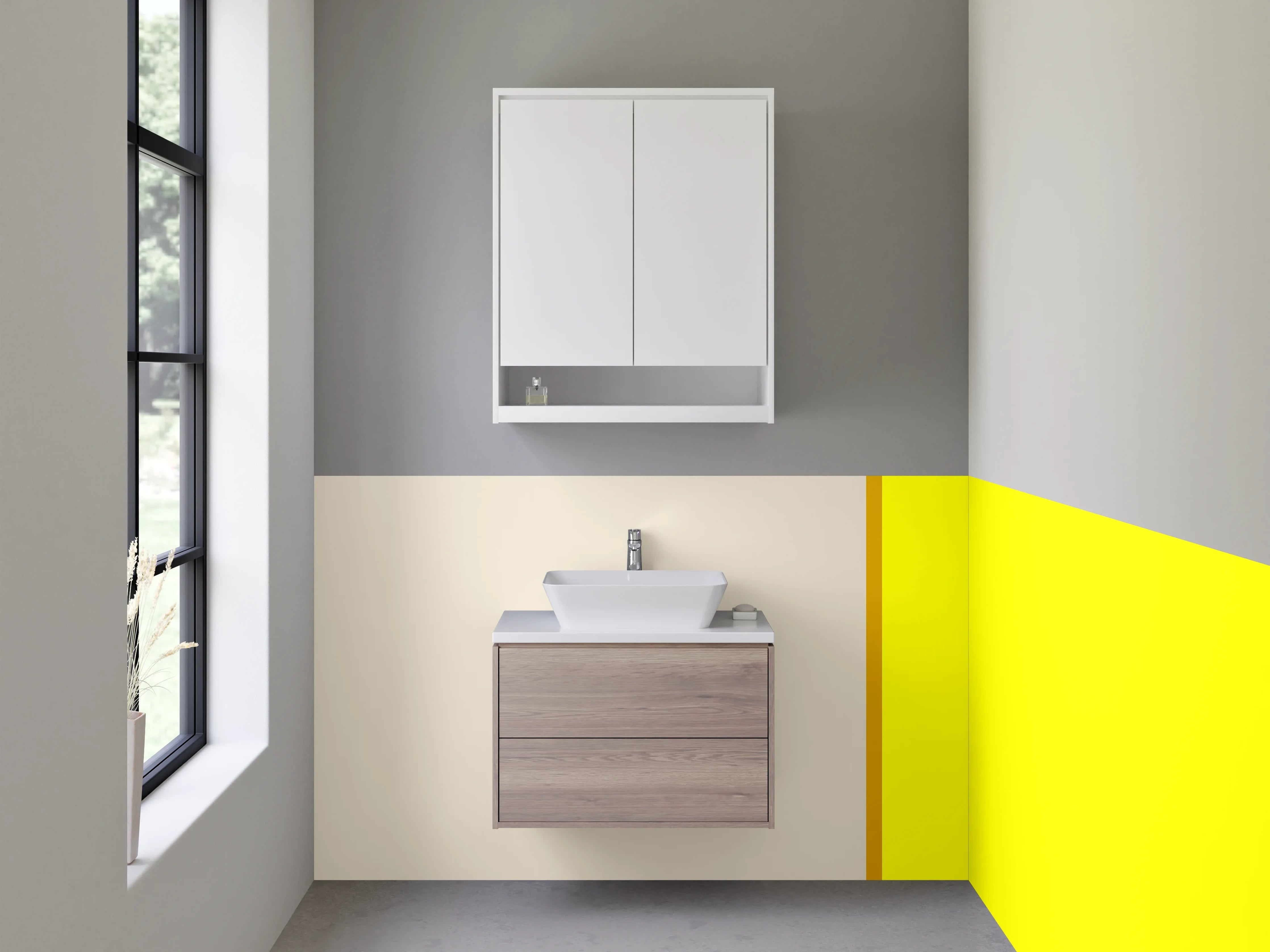 Waschbecken-Rückwand - Helle gelbe Wand mit beigeem Rand