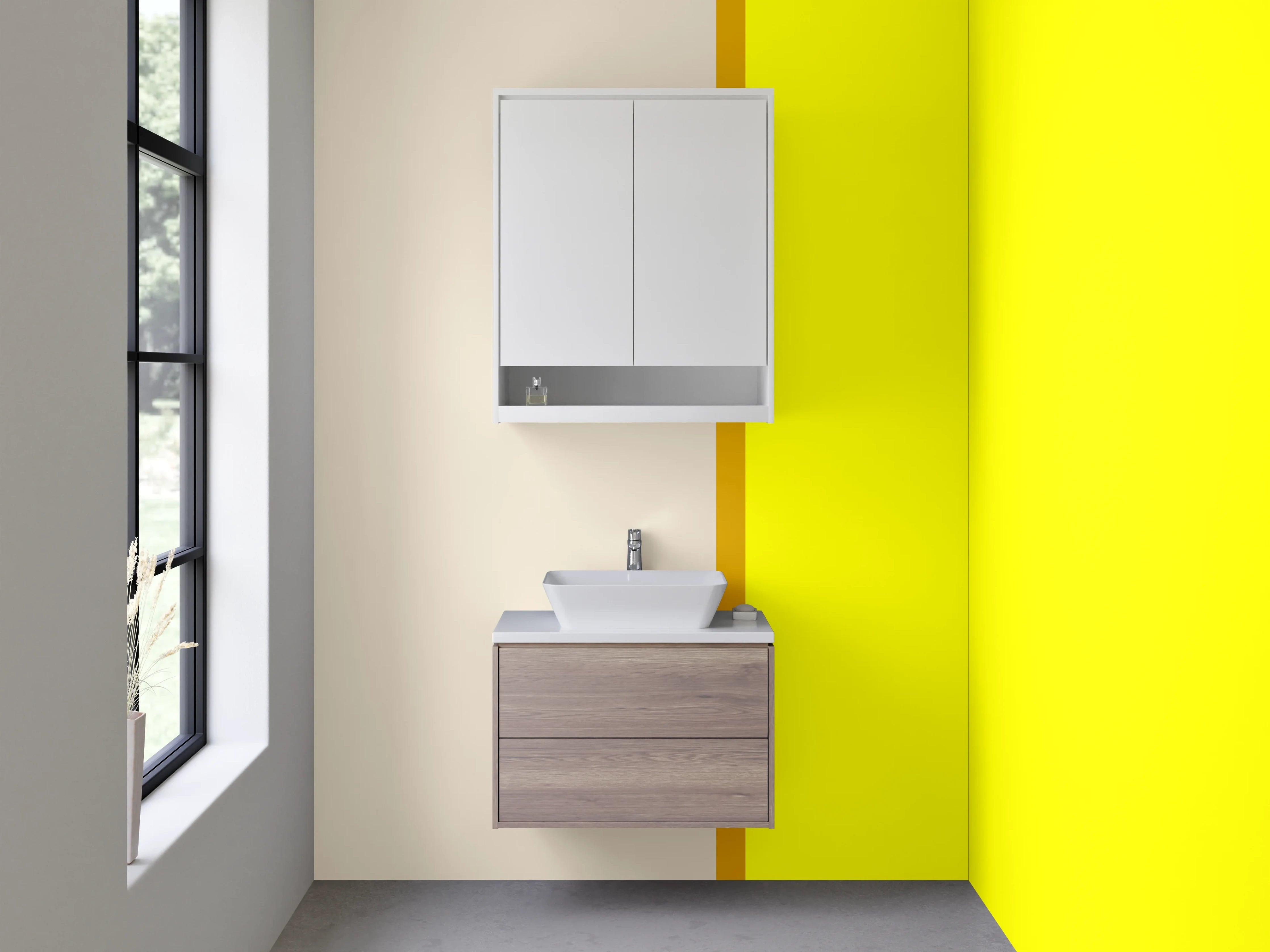 Waschbecken-Rückwand - Helle gelbe Wand mit beigeem Rand