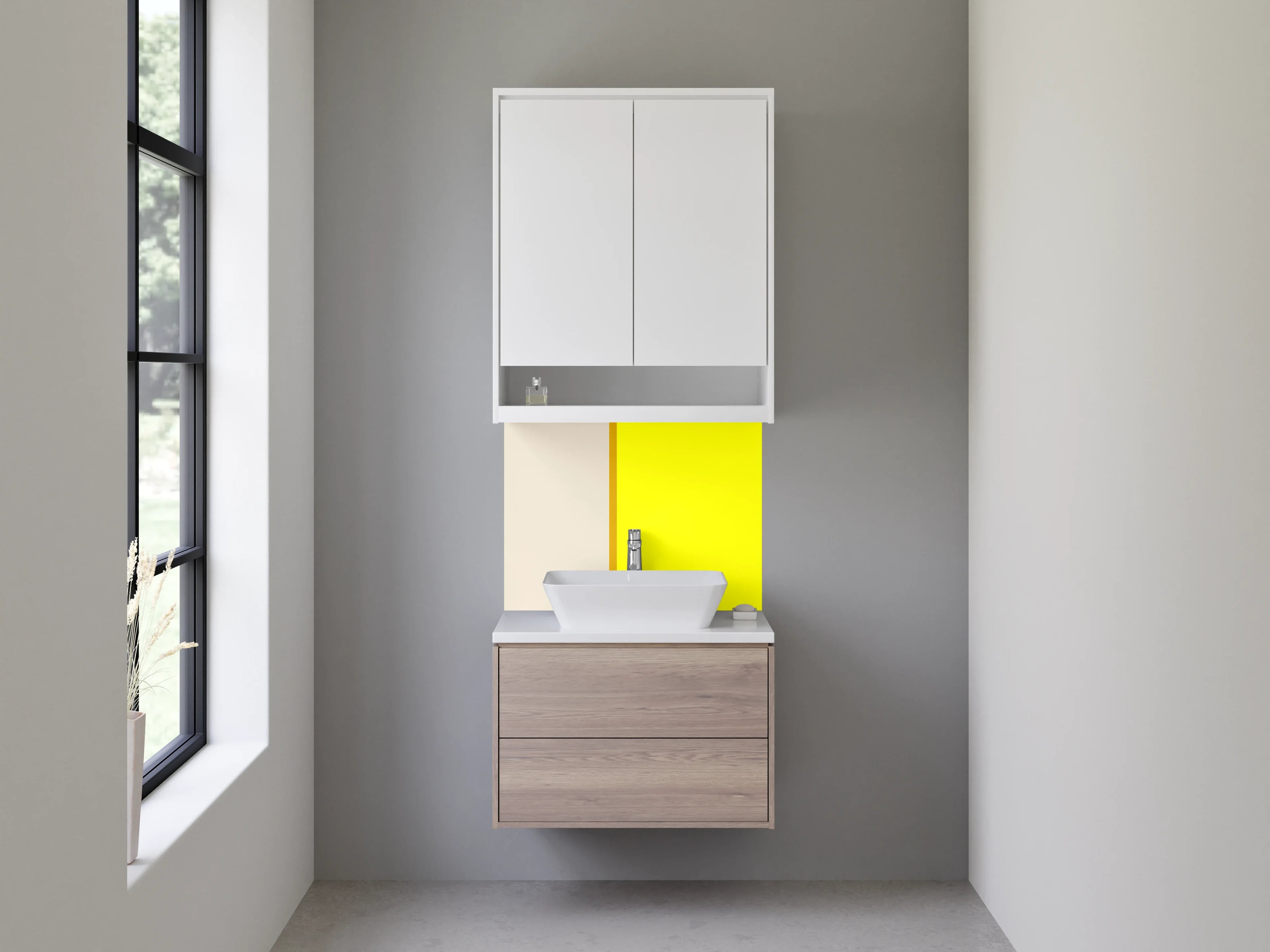 Waschbecken-Rückwand - Helle gelbe Wand mit beigeem Rand