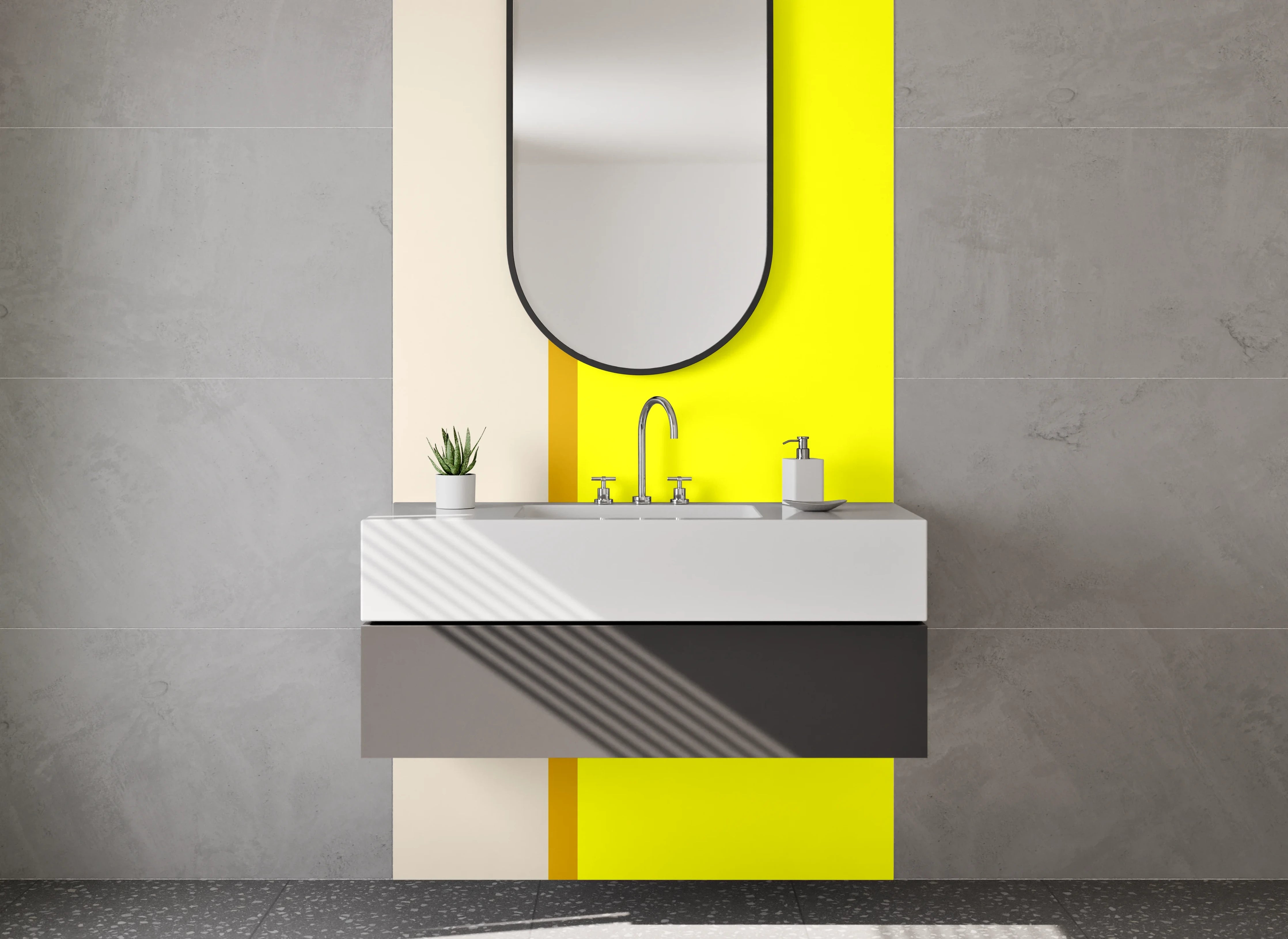 Waschbecken-Rückwand - Helle gelbe Wand mit beigeem Rand