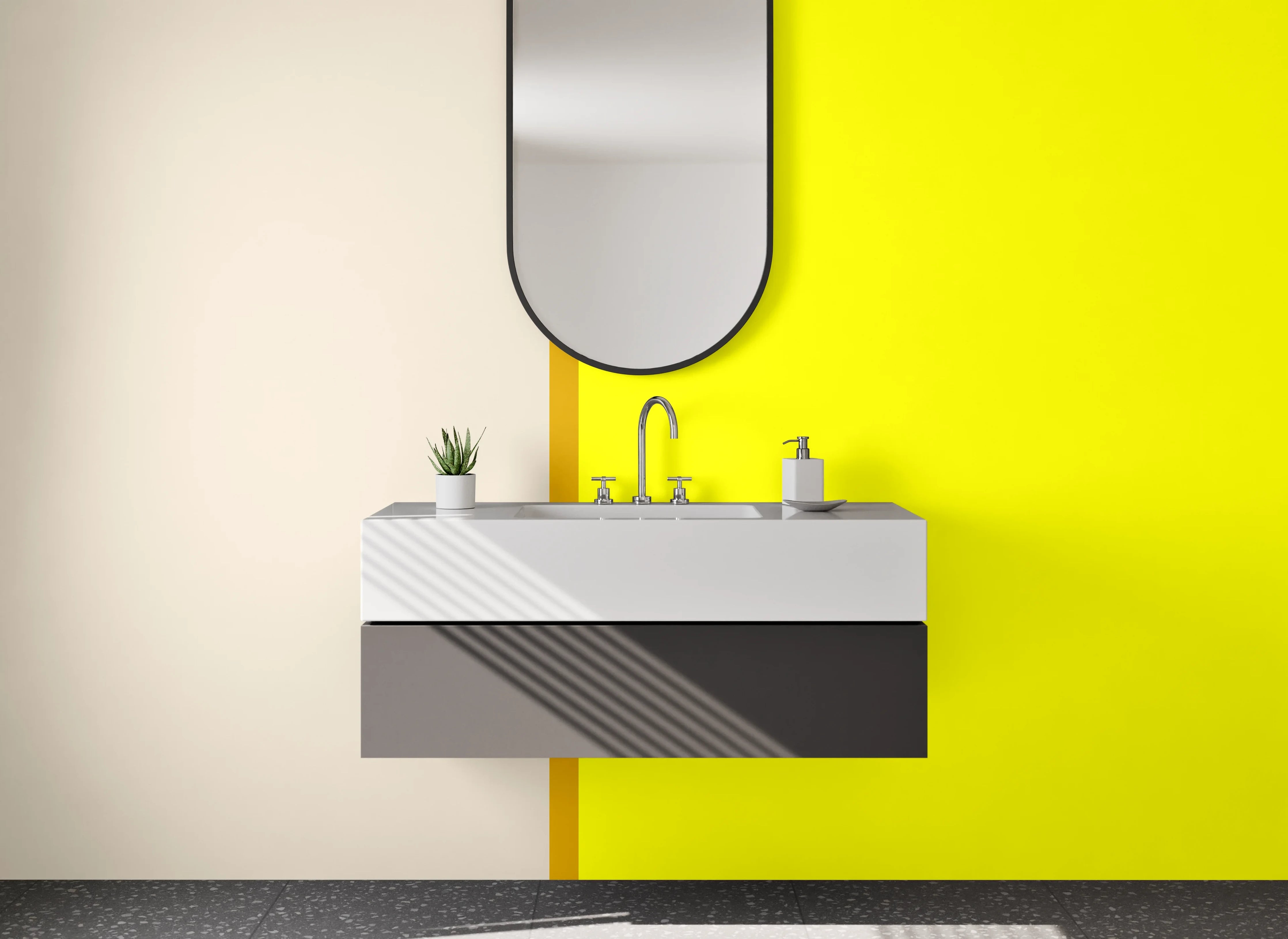 Waschbecken-Rückwand - Helle gelbe Wand mit beigeem Rand
