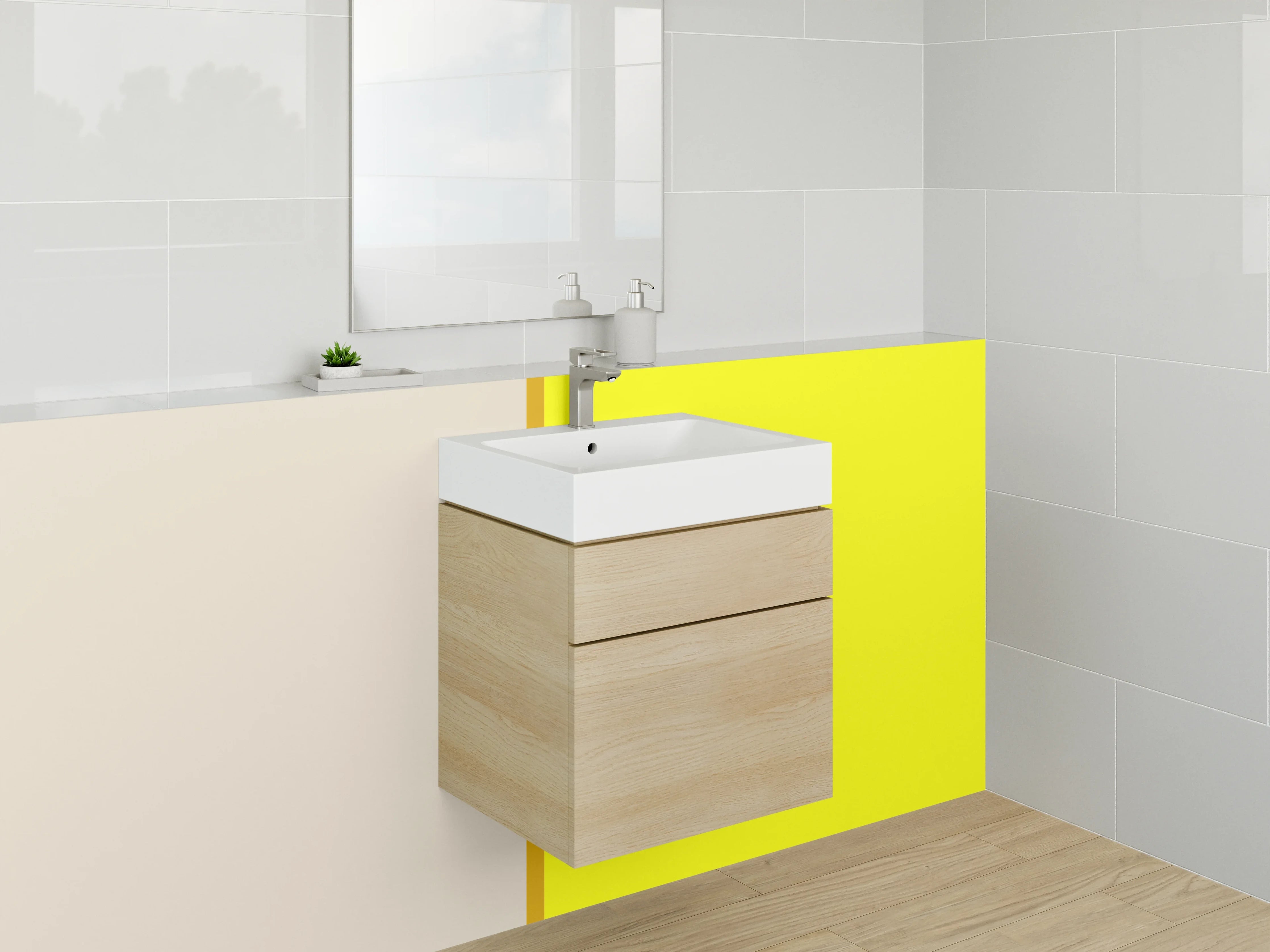 Waschbecken-Rückwand - Helle gelbe Wand mit beigeem Rand