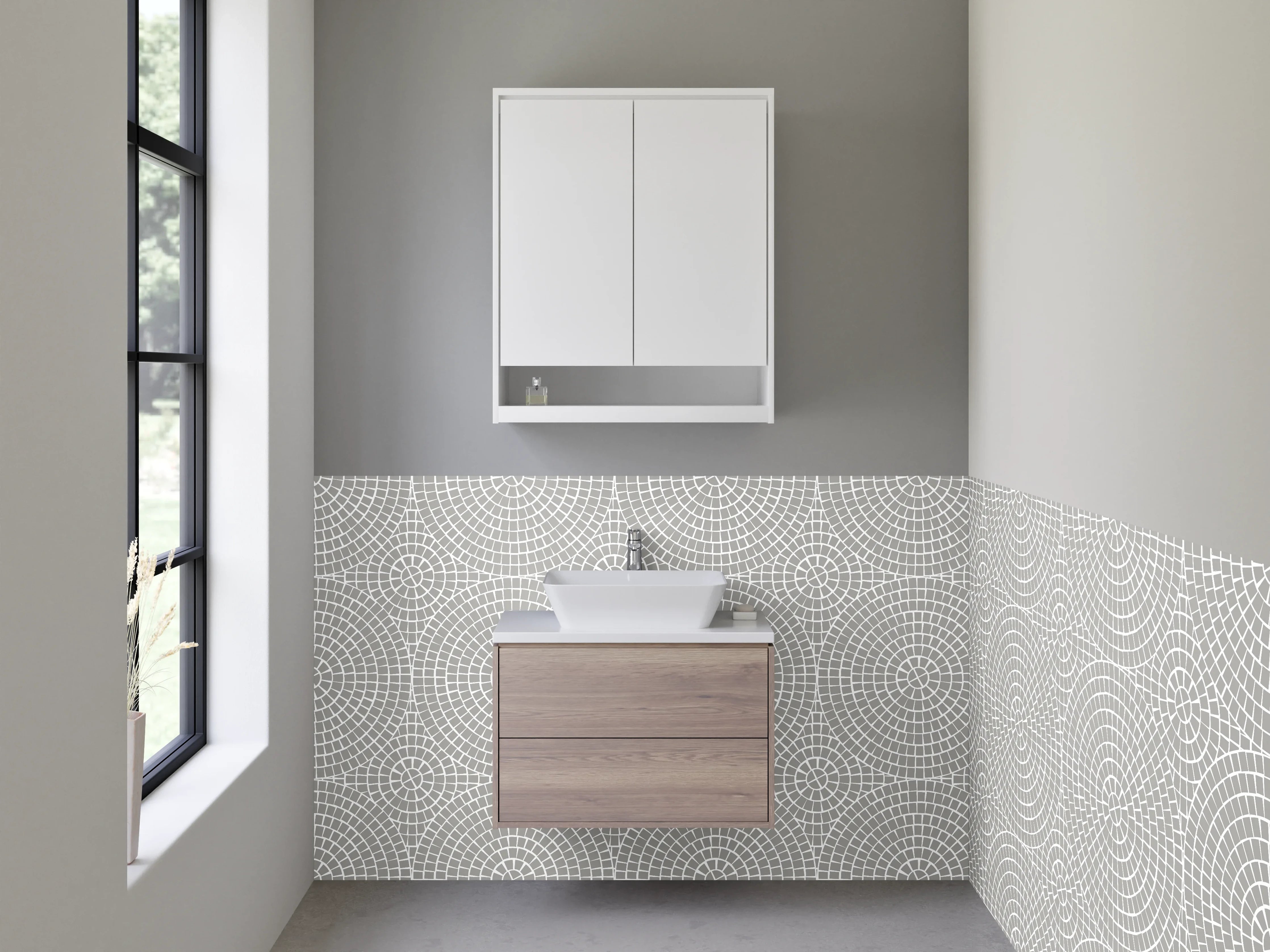 Waschbecken-Rückwand - Helle geometrische Musterwand mit Kreisen und Linien