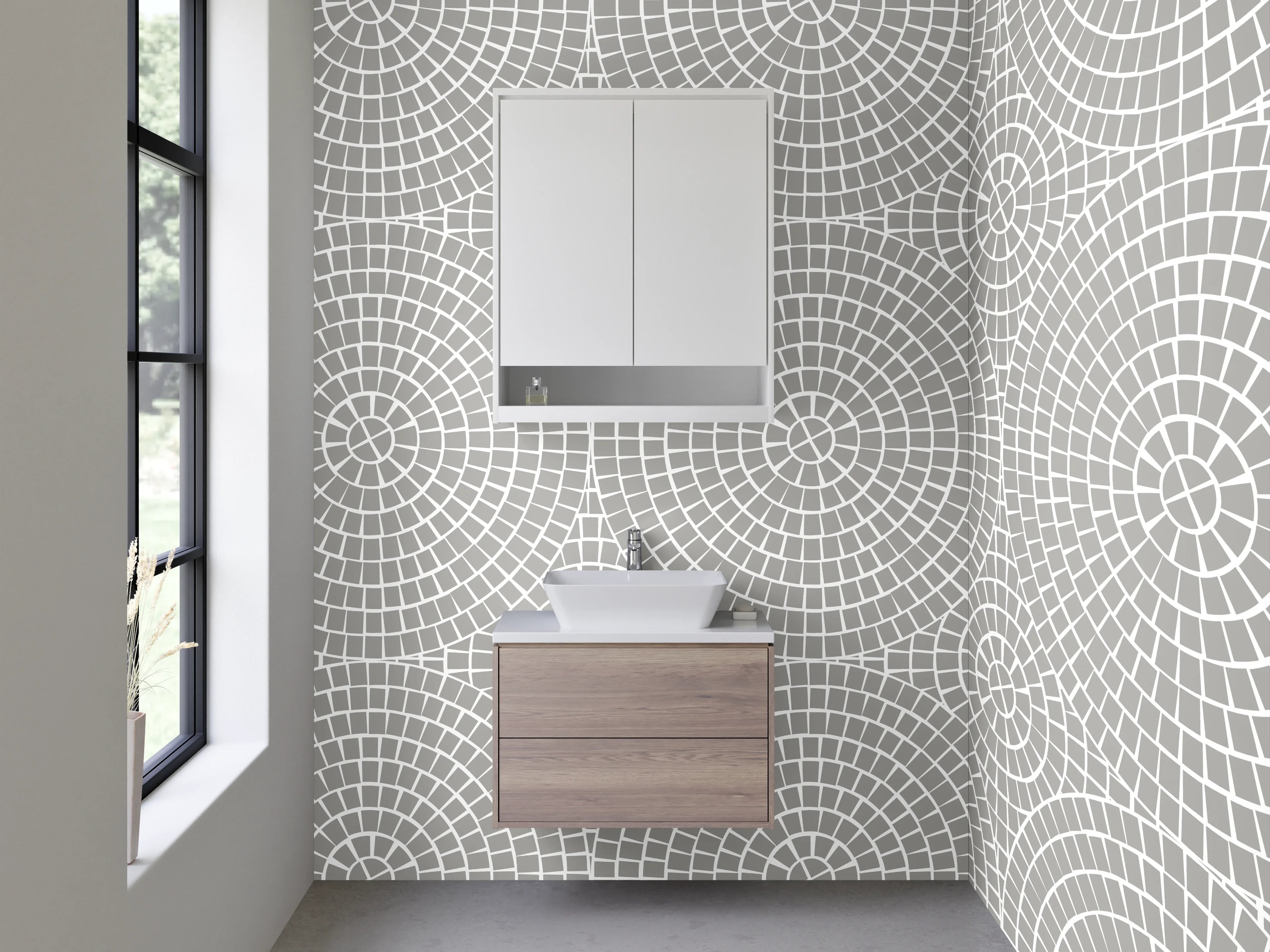 Waschbecken-Rückwand - Helle geometrische Musterwand mit Kreisen und Linien