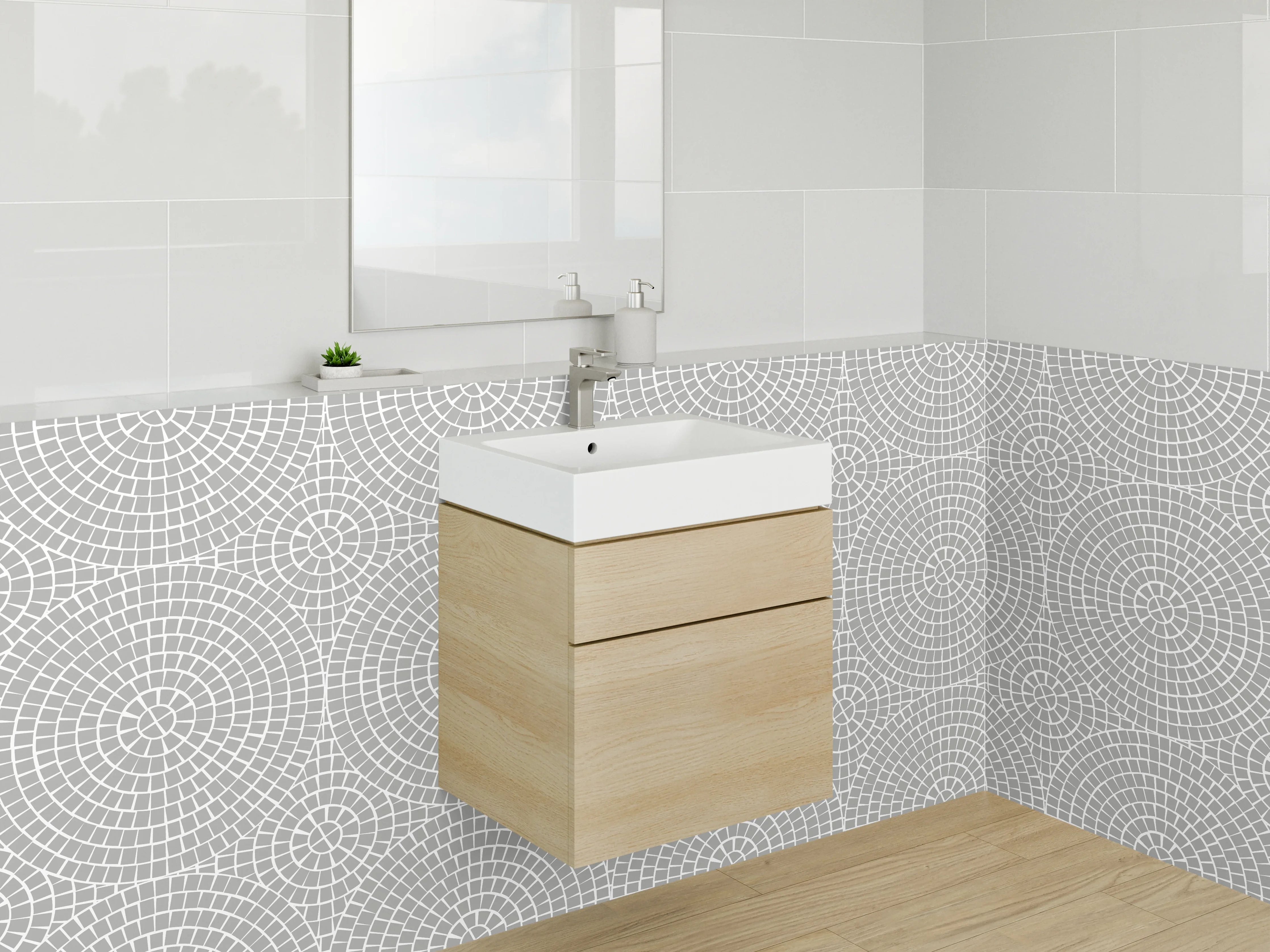 Waschbecken-Rückwand - Helle geometrische Musterwand mit Kreisen und Linien