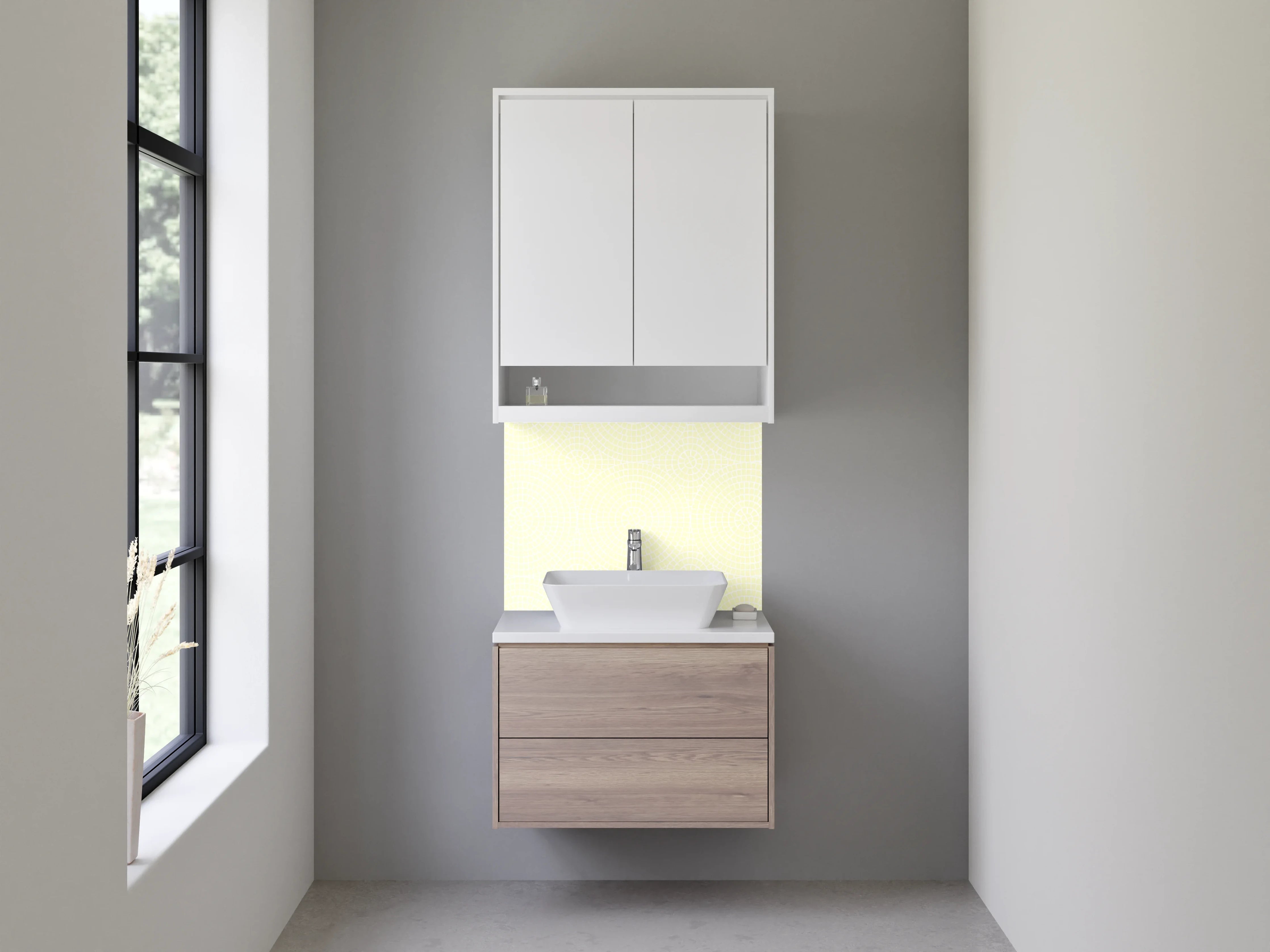 Waschbecken-Rückwand - Helle, dezente Tapete in Beige mit feinem Muster