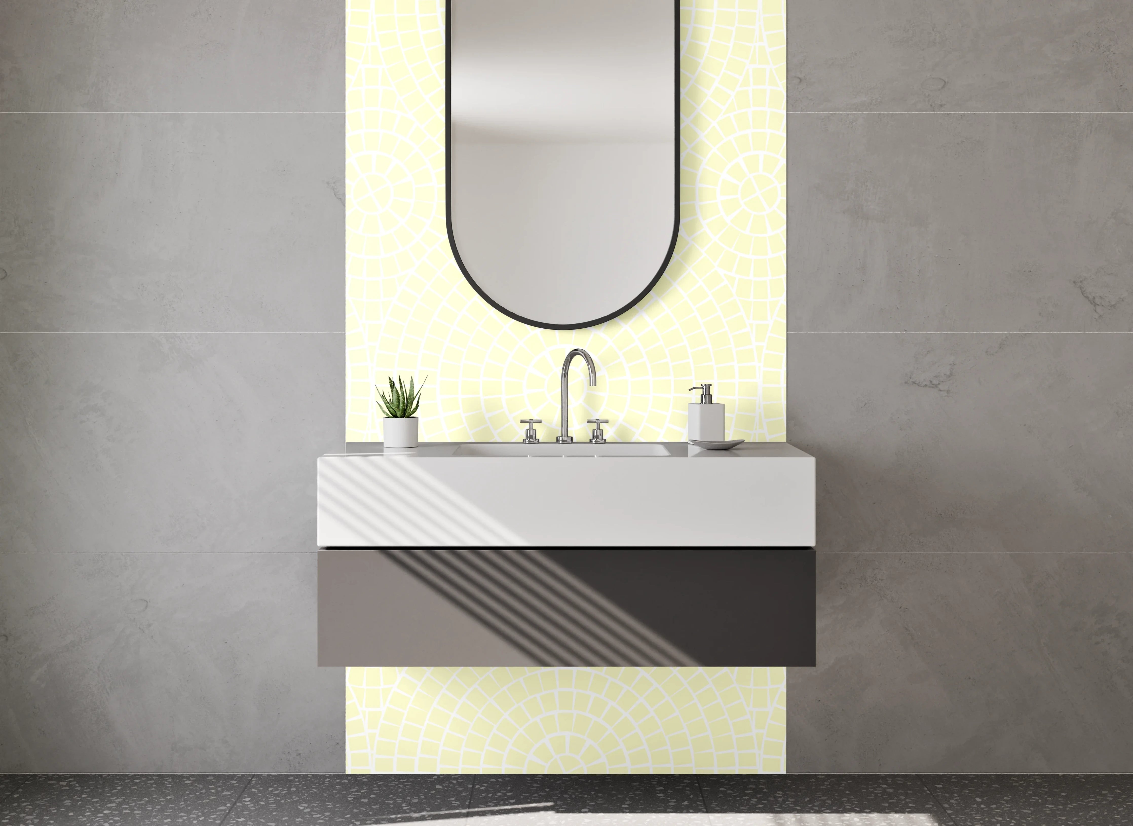 Waschbecken-Rückwand - Helle, dezente Tapete in Beige mit feinem Muster