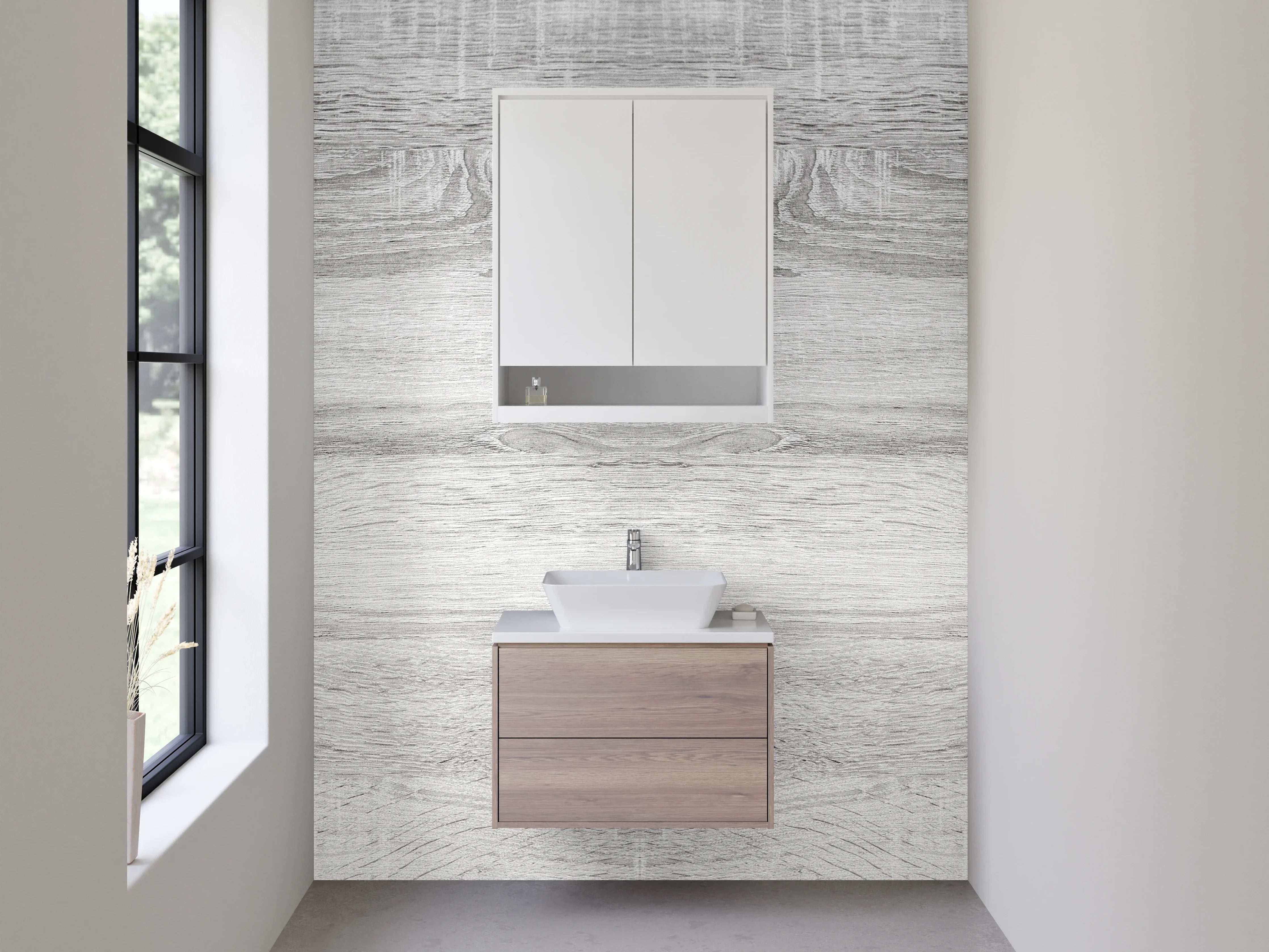 Waschbecken-Rückwand - Helle, weiße Holzoptik Wand mit grauen Akzenten
