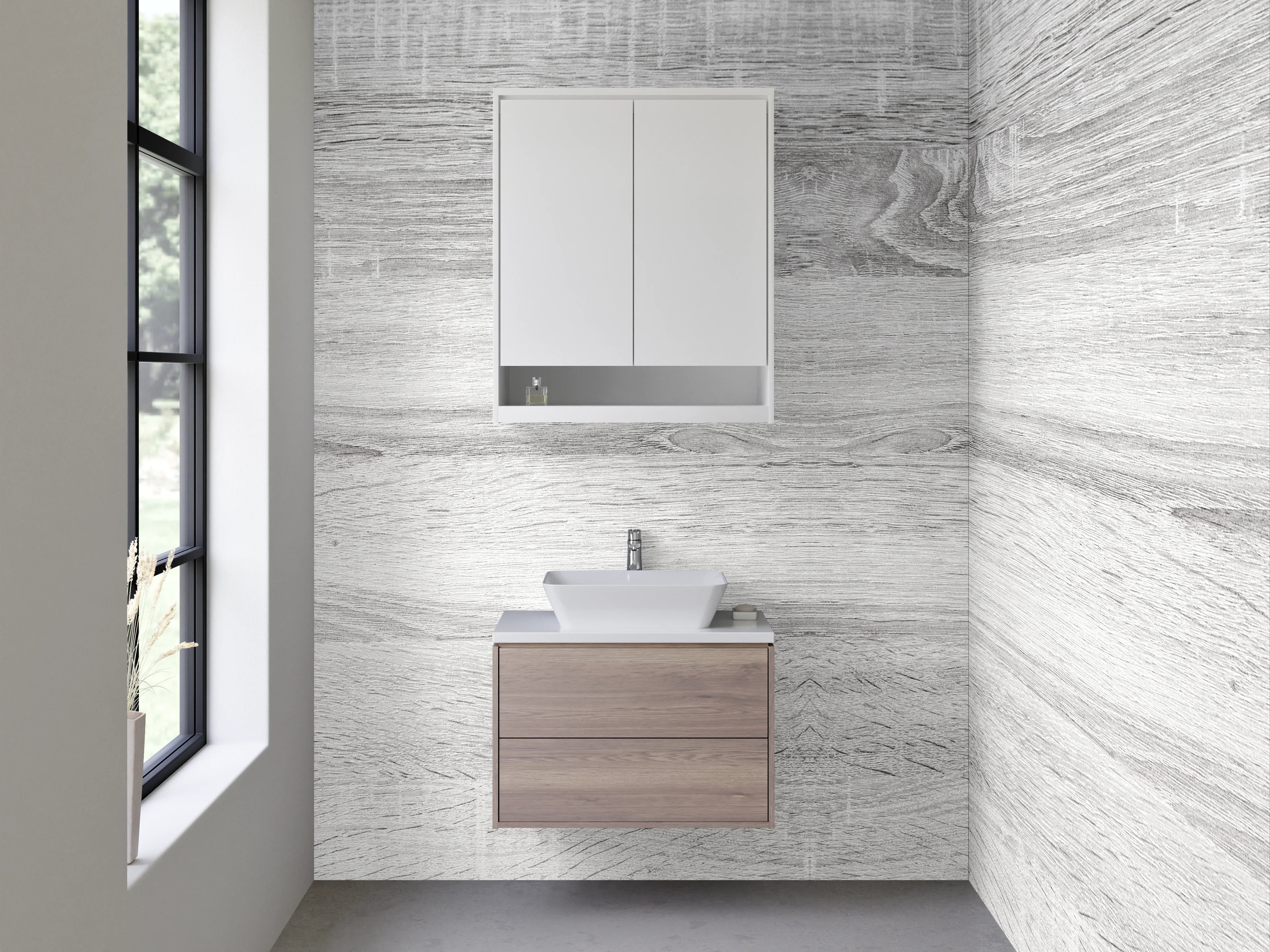 Waschbecken-Rückwand - Helle, weiße Holzoptik Wand mit grauen Akzenten