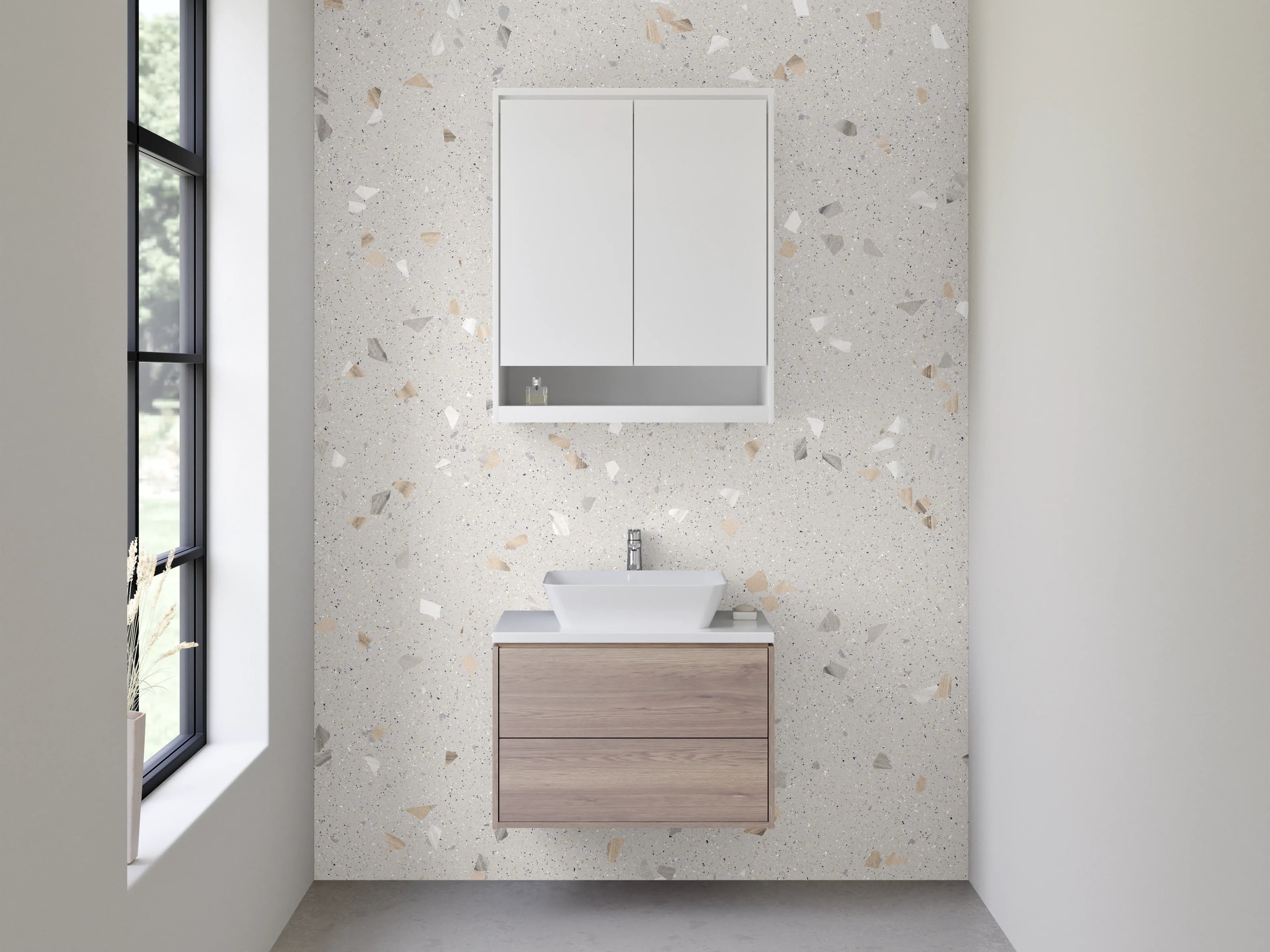 Waschbecken-Rückwand - Heller Terrazzo-Look mit weißen Sprenkeln