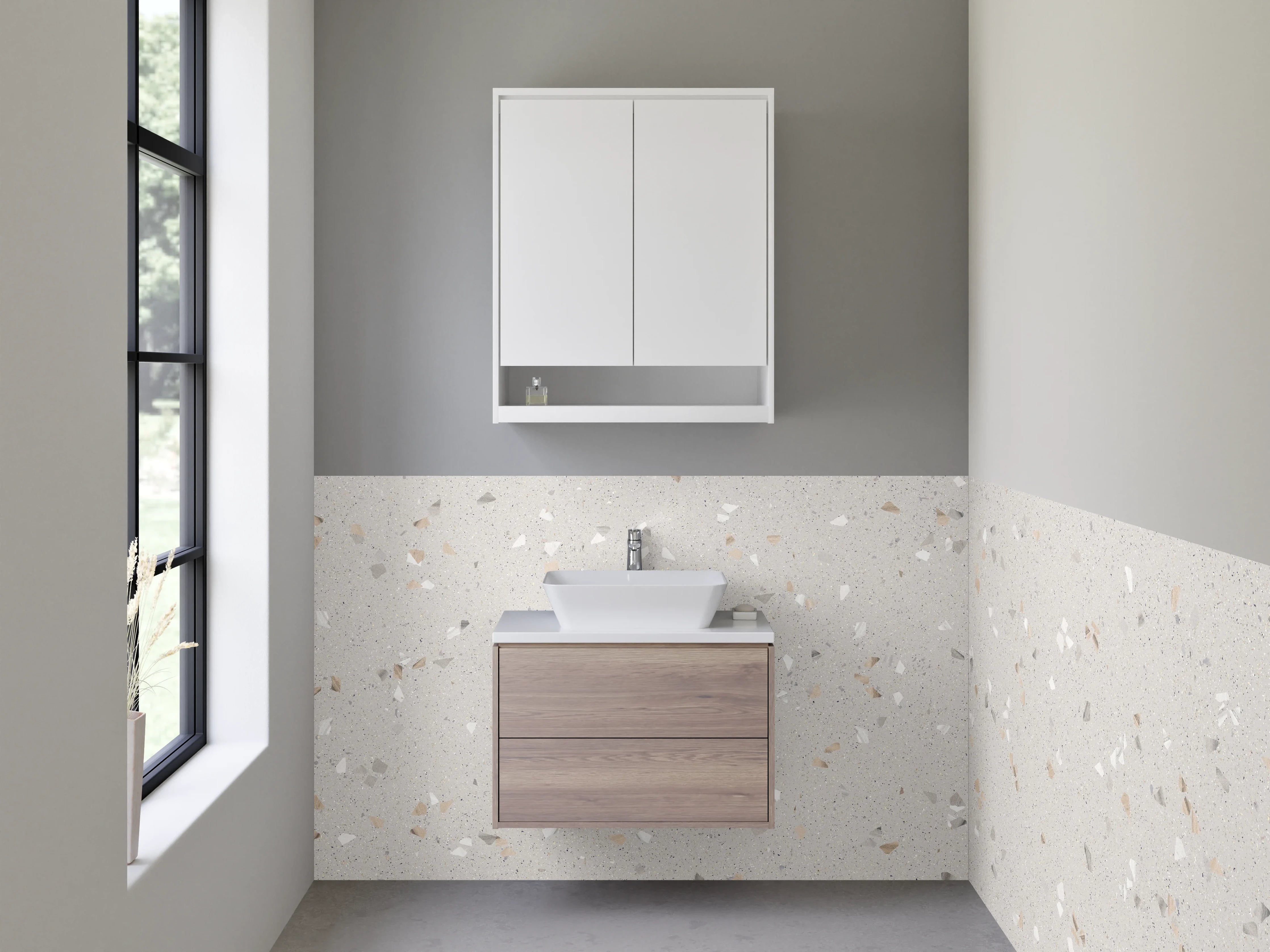 Waschbecken-Rückwand - Heller Terrazzo-Look mit weißen Sprenkeln