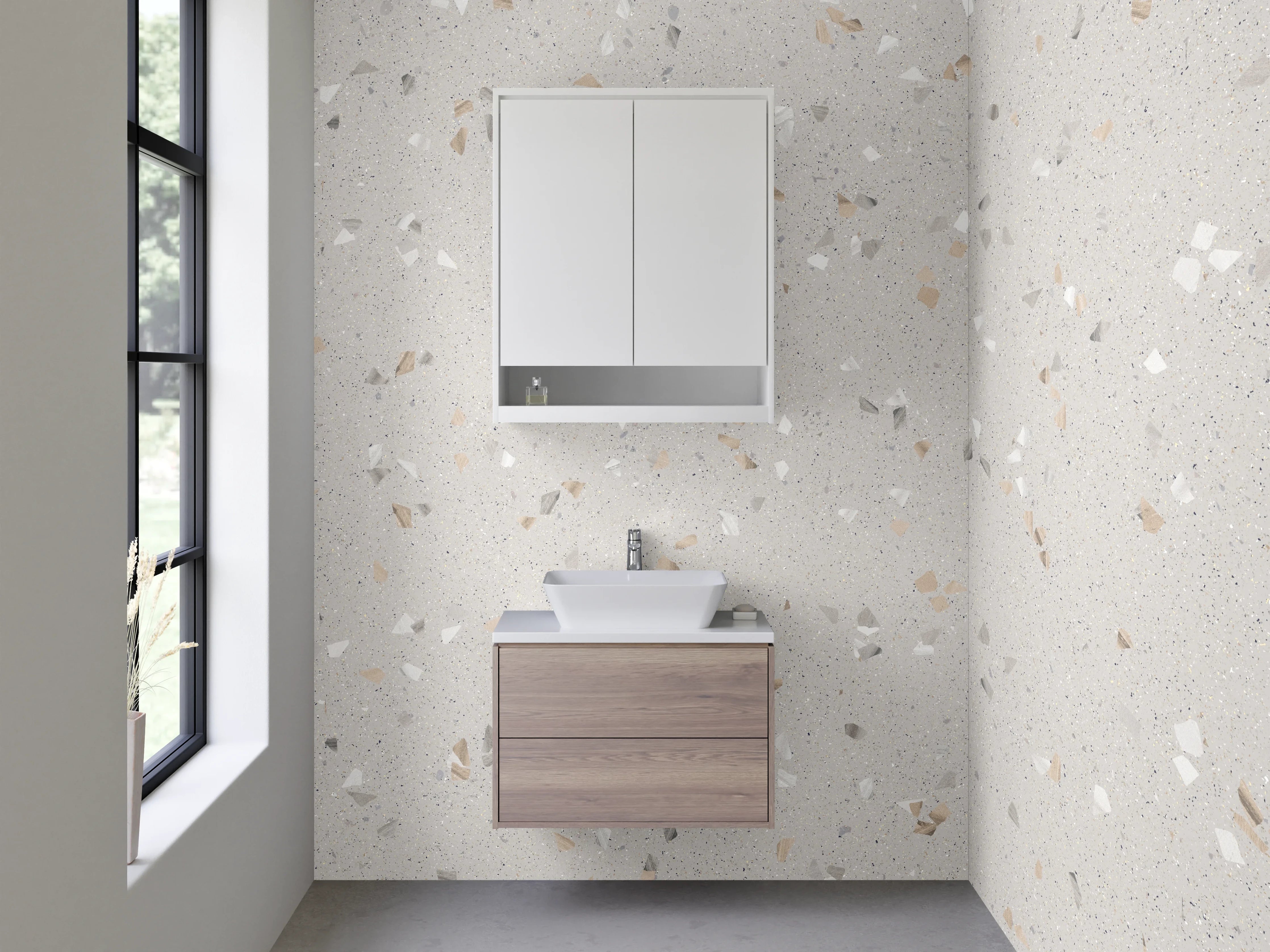 Waschbecken-Rückwand - Heller Terrazzo-Look mit weißen Sprenkeln