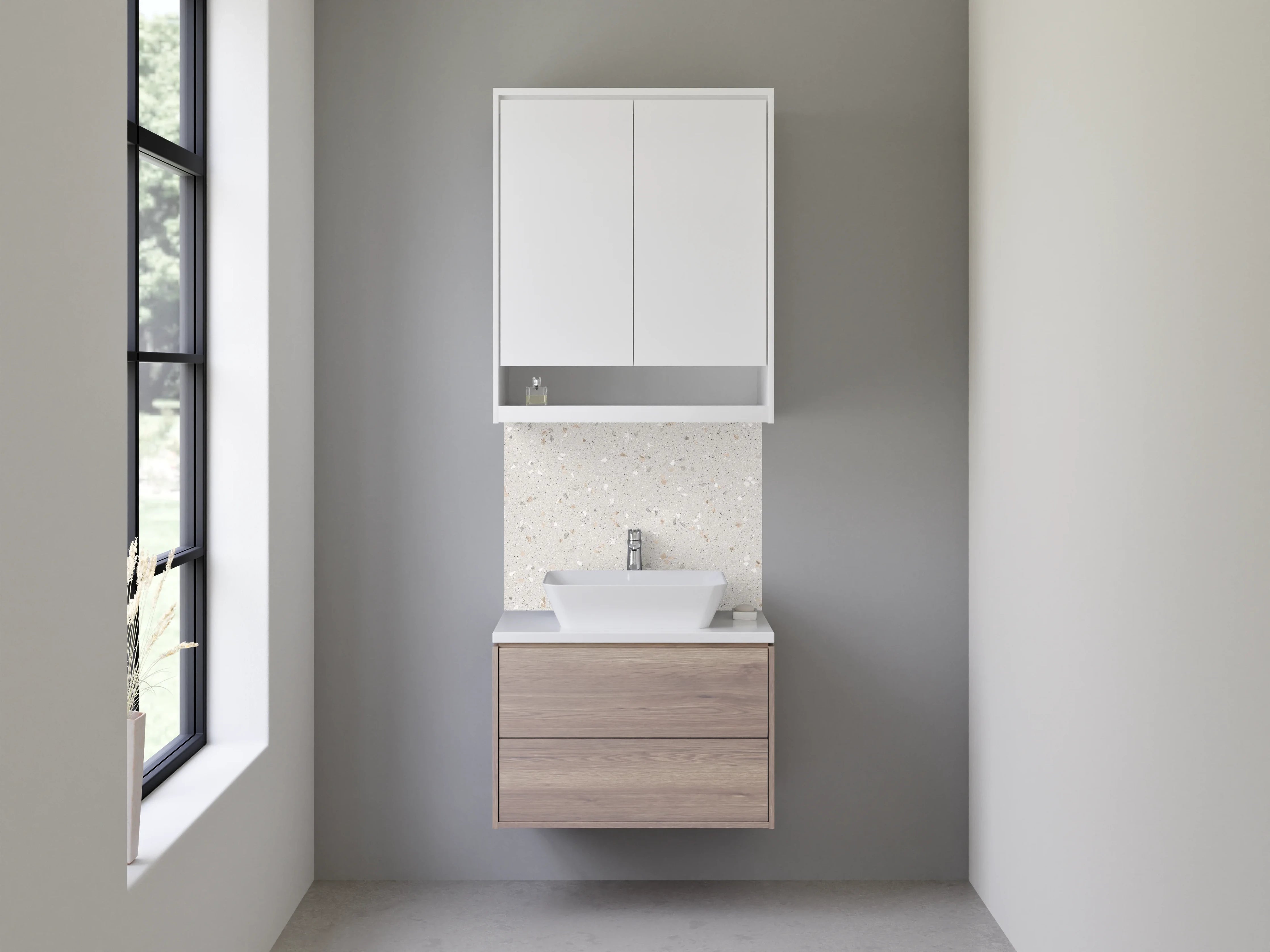 Waschbecken-Rückwand - Heller Terrazzo-Look mit weißen Sprenkeln