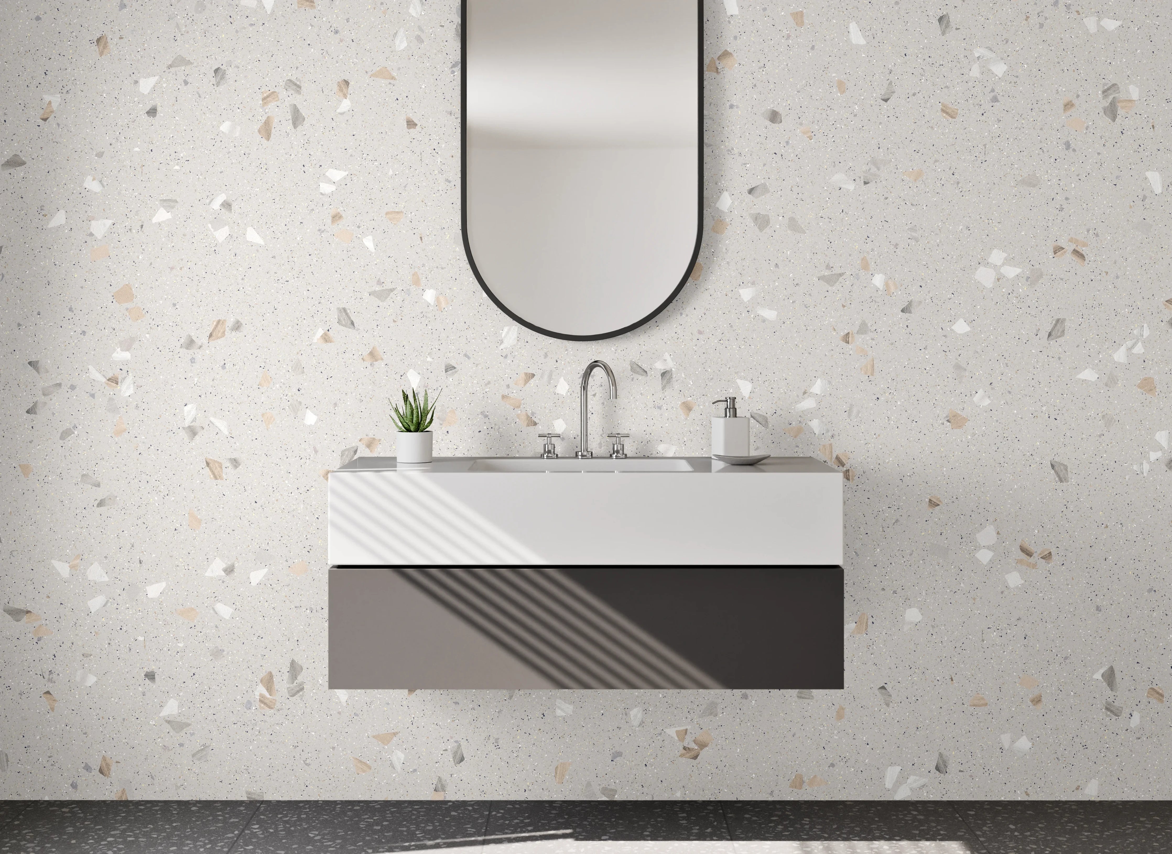 Waschbecken-Rückwand - Heller Terrazzo-Look mit weißen Sprenkeln