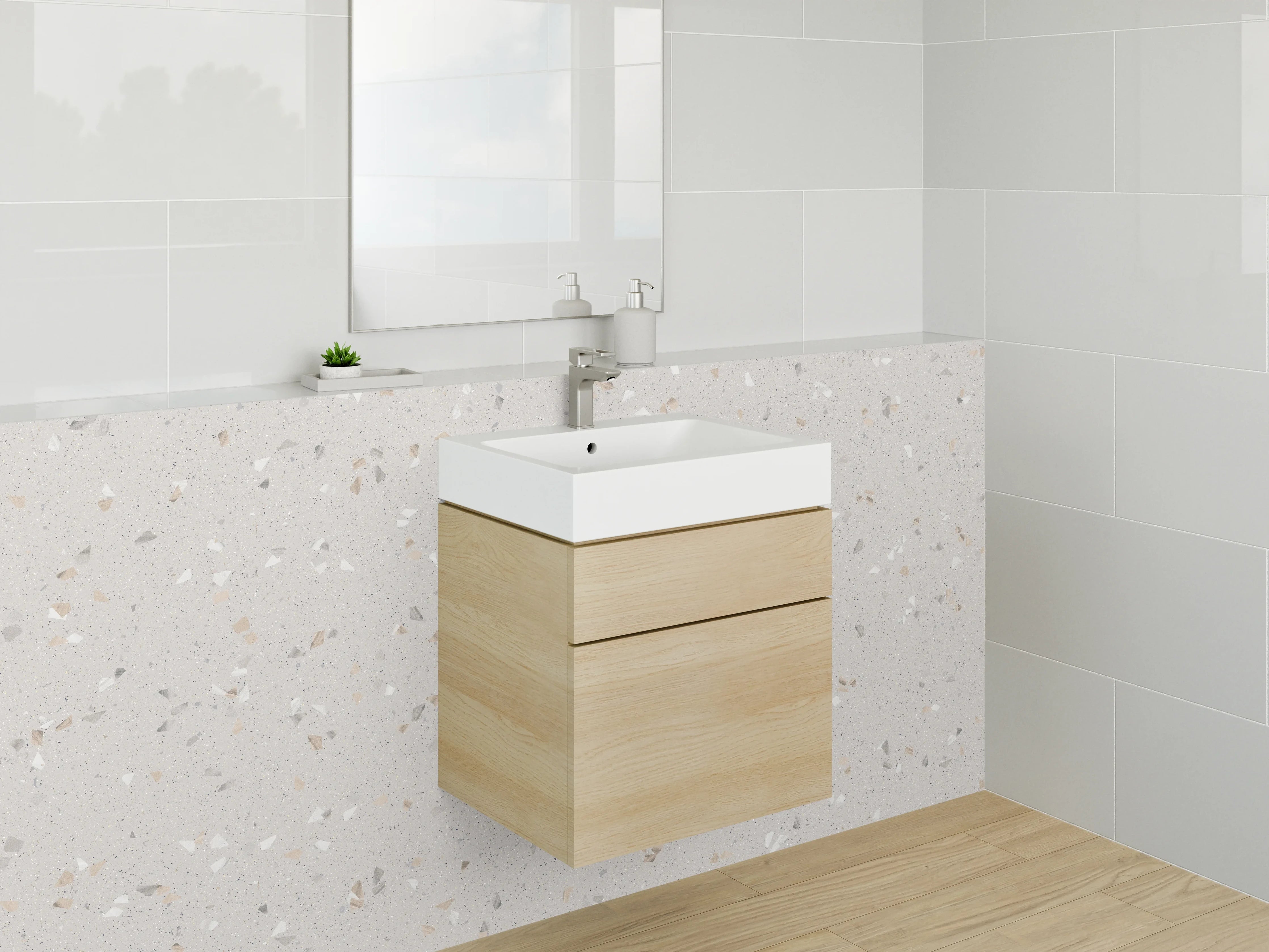 Waschbecken-Rückwand - Heller Terrazzo-Look mit weißen Sprenkeln