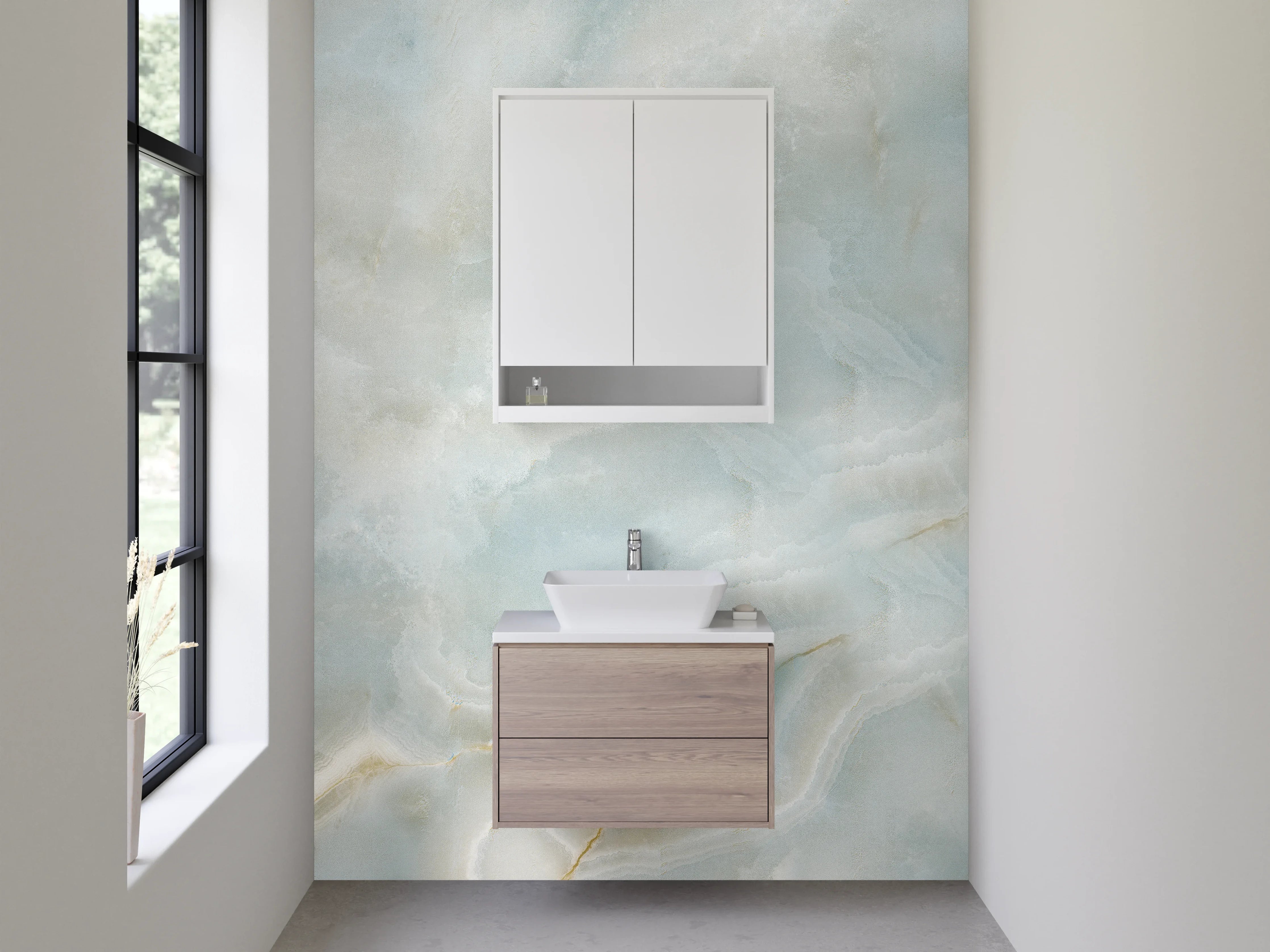 Waschbecken-Rückwand - Heller blauer Marmor mit weißen Strukturen