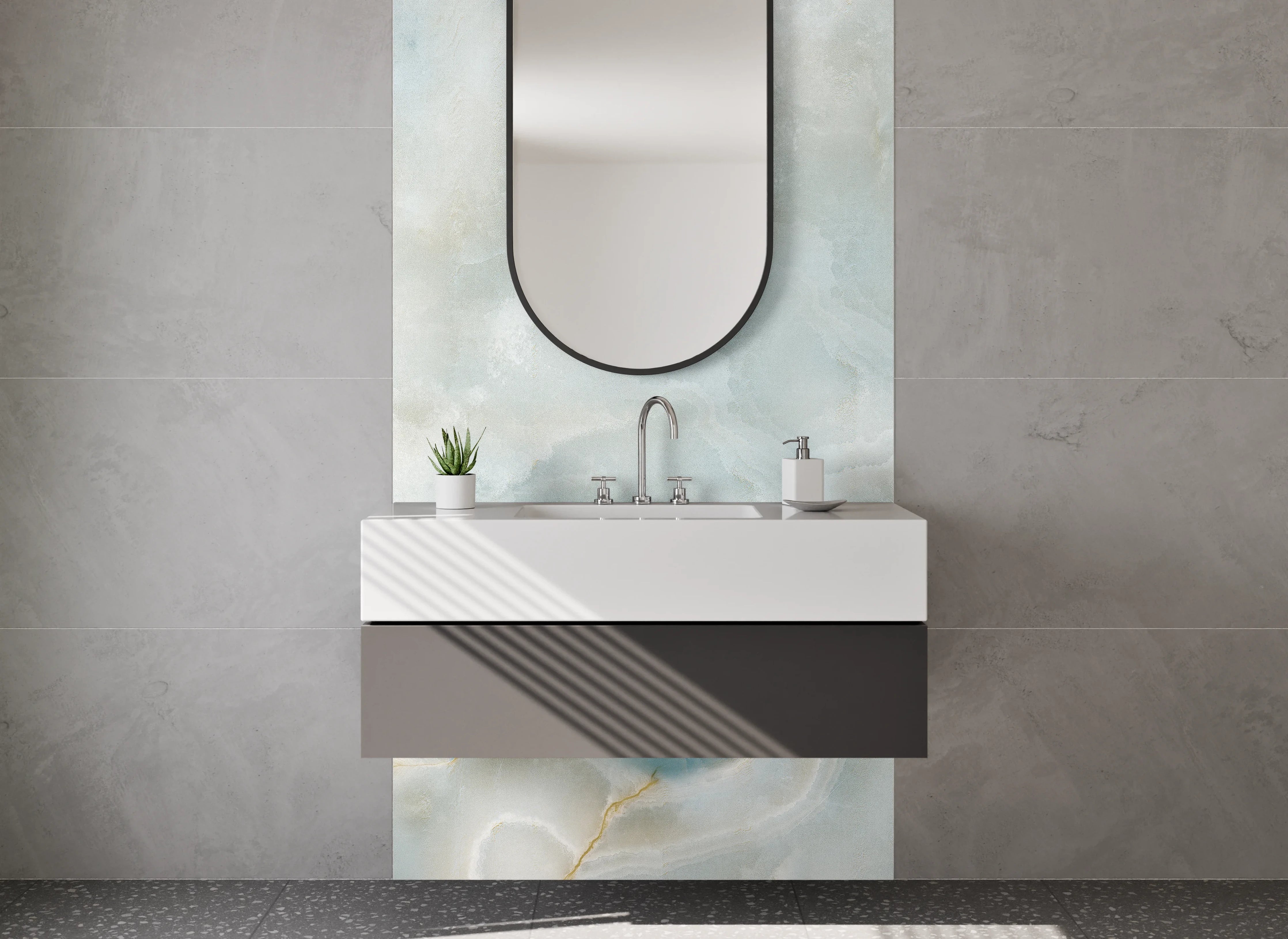 Waschbecken-Rückwand - Heller blauer Marmor mit weißen Strukturen