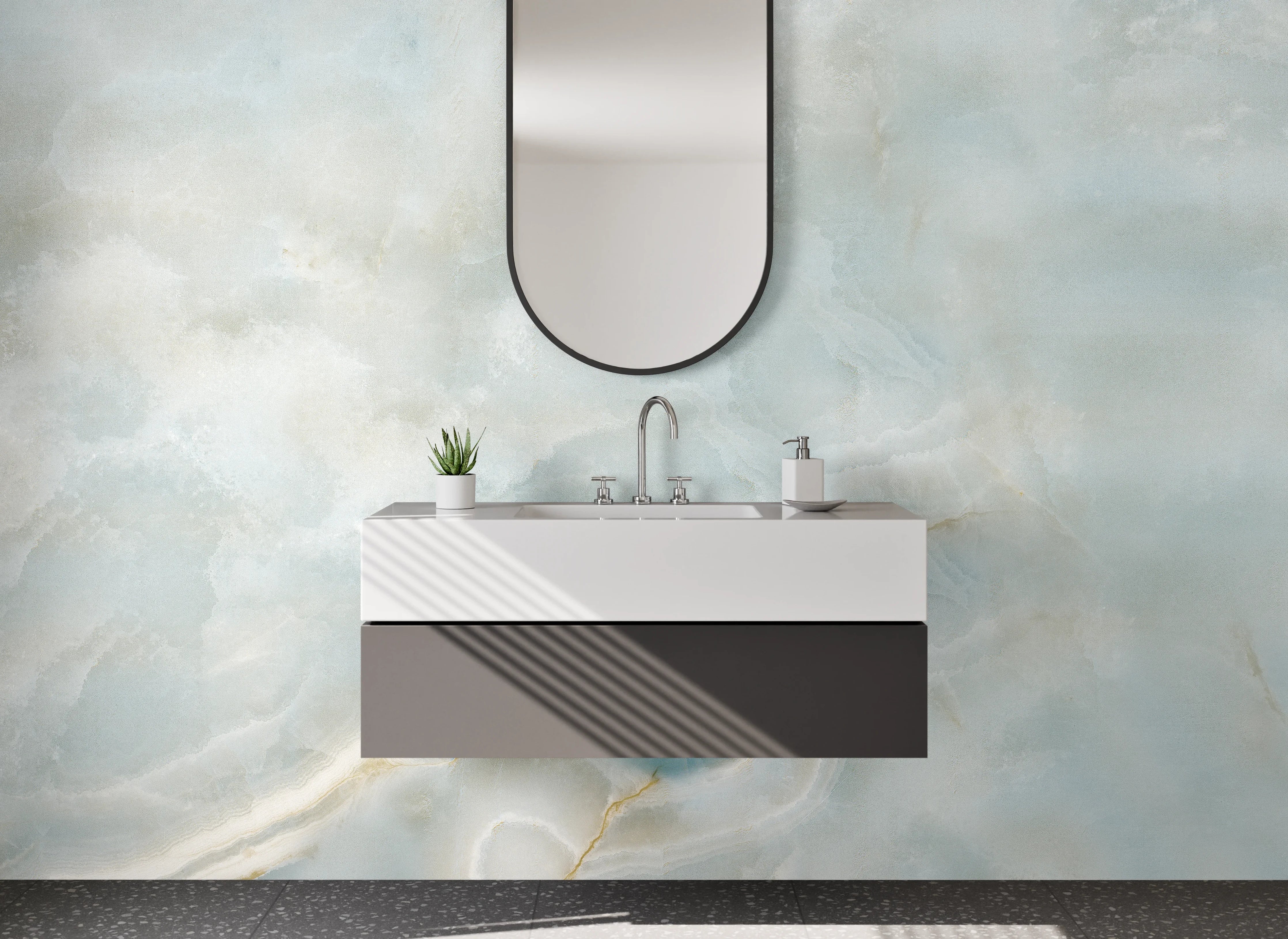 Waschbecken-Rückwand - Heller blauer Marmor mit weißen Strukturen