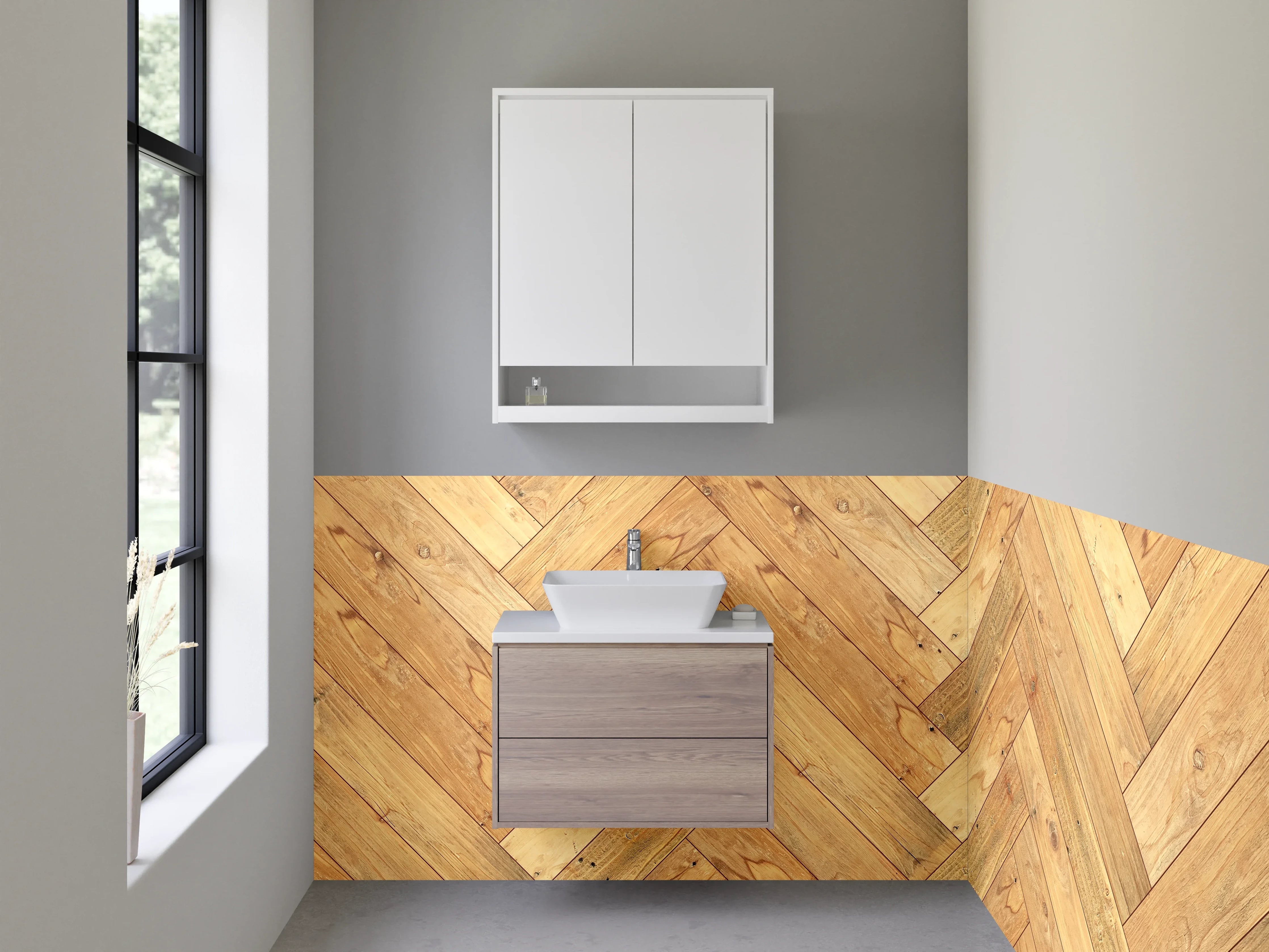 Waschbecken-Rückwand - Helles Hartholzboden in Zickzackmuster