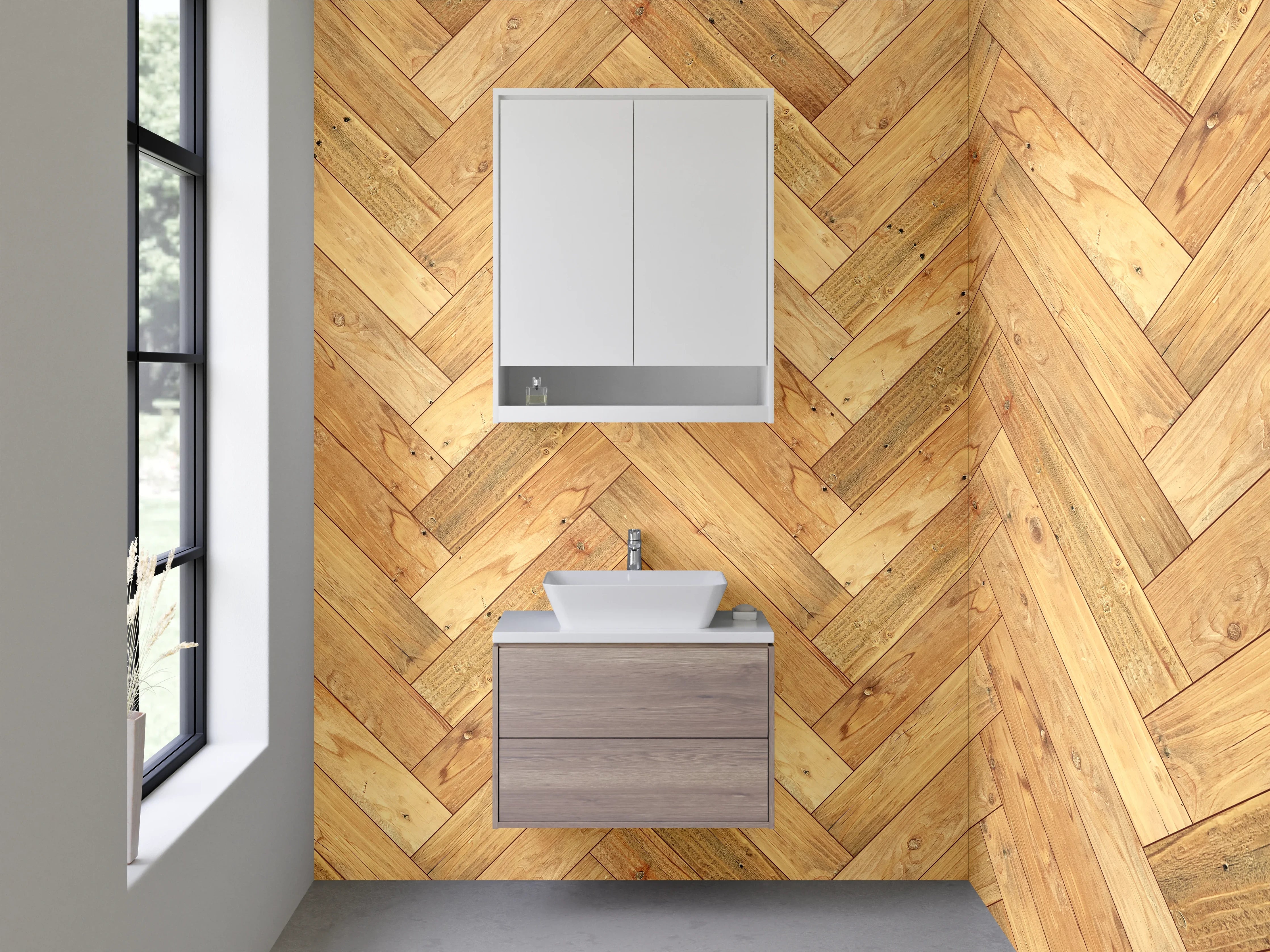 Waschbecken-Rückwand - Helles Hartholzboden in Zickzackmuster