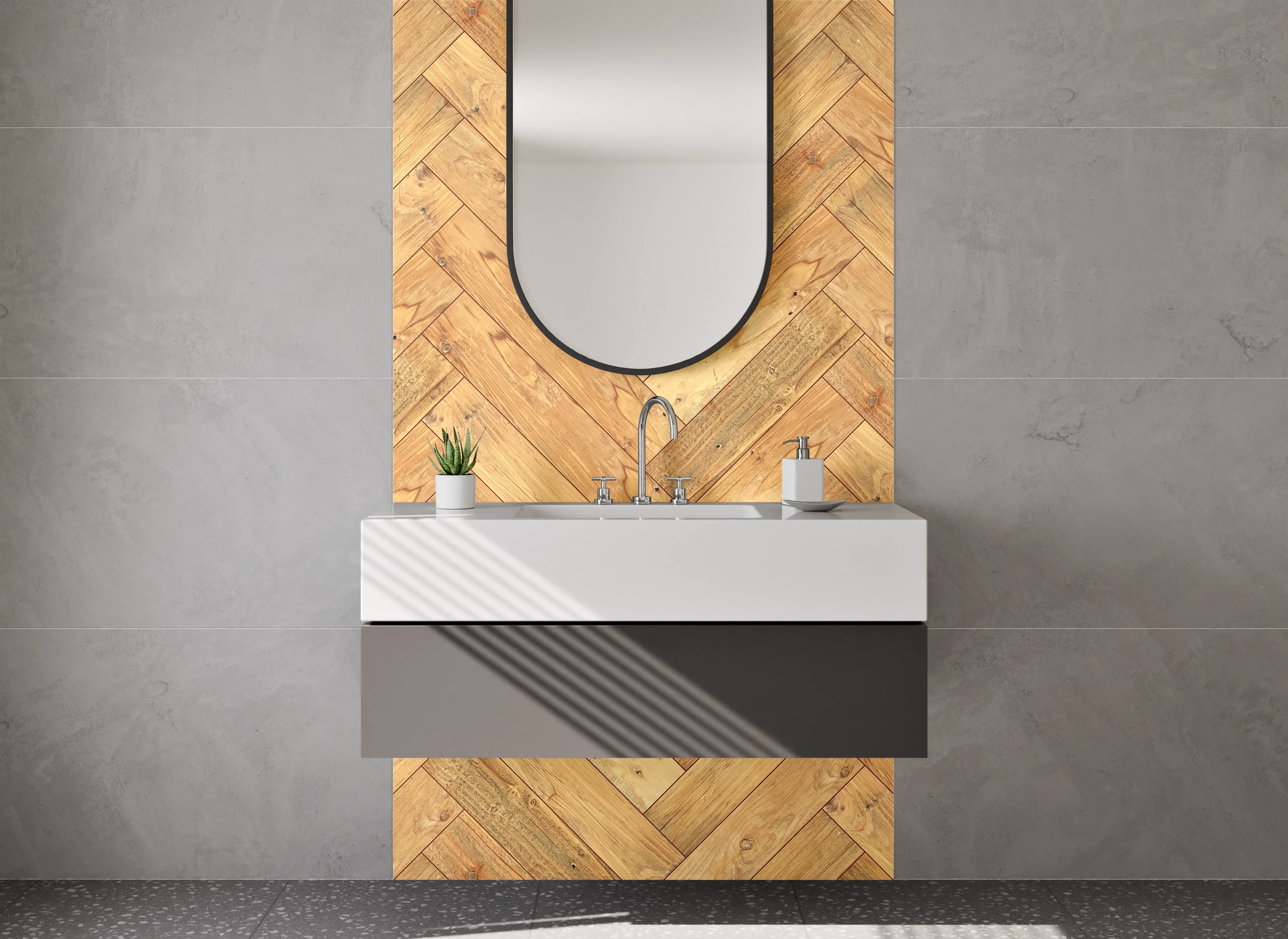 Waschbecken-Rückwand - Helles Hartholzboden in Zickzackmuster