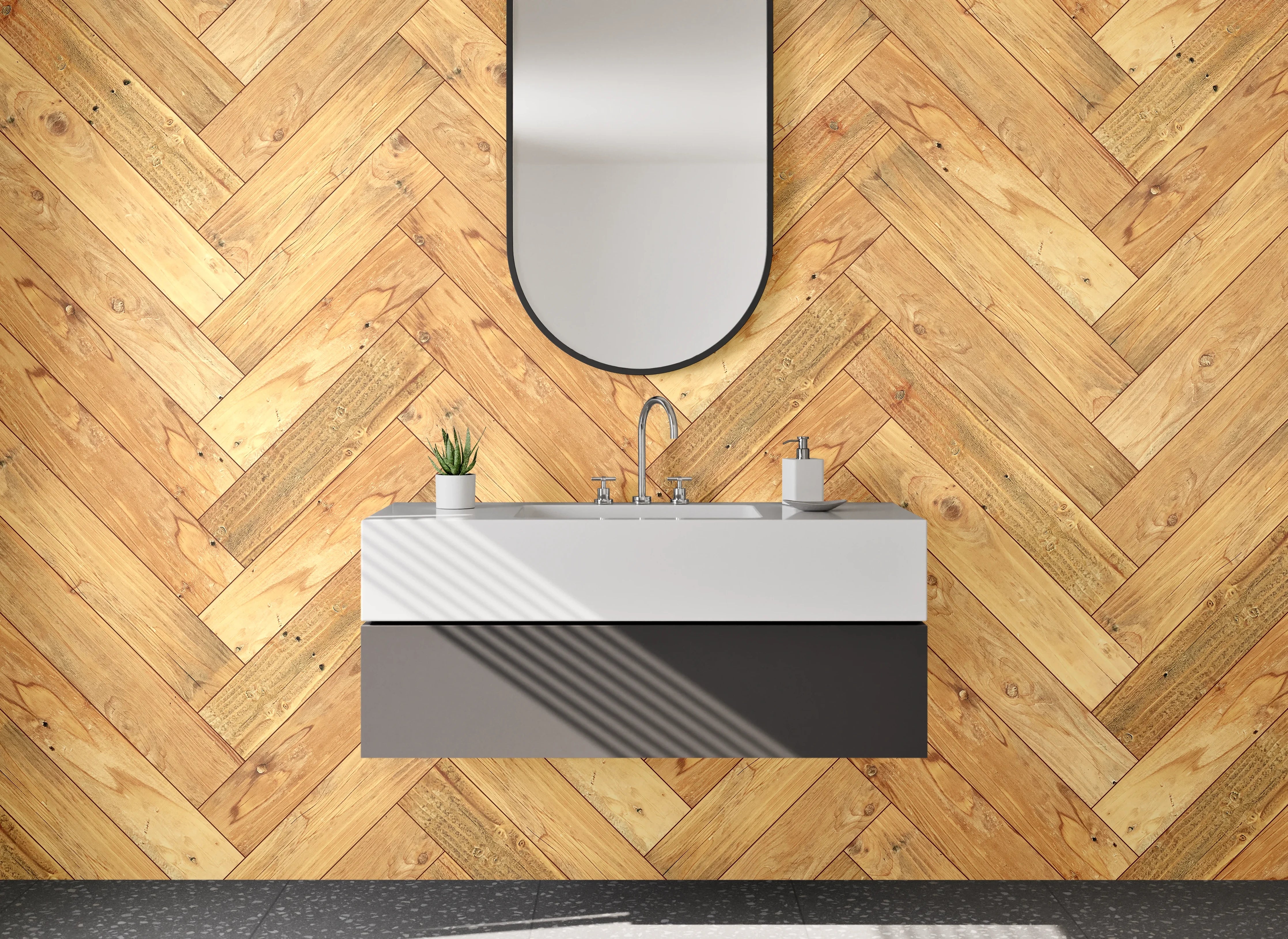 Waschbecken-Rückwand - Helles Hartholzboden in Zickzackmuster