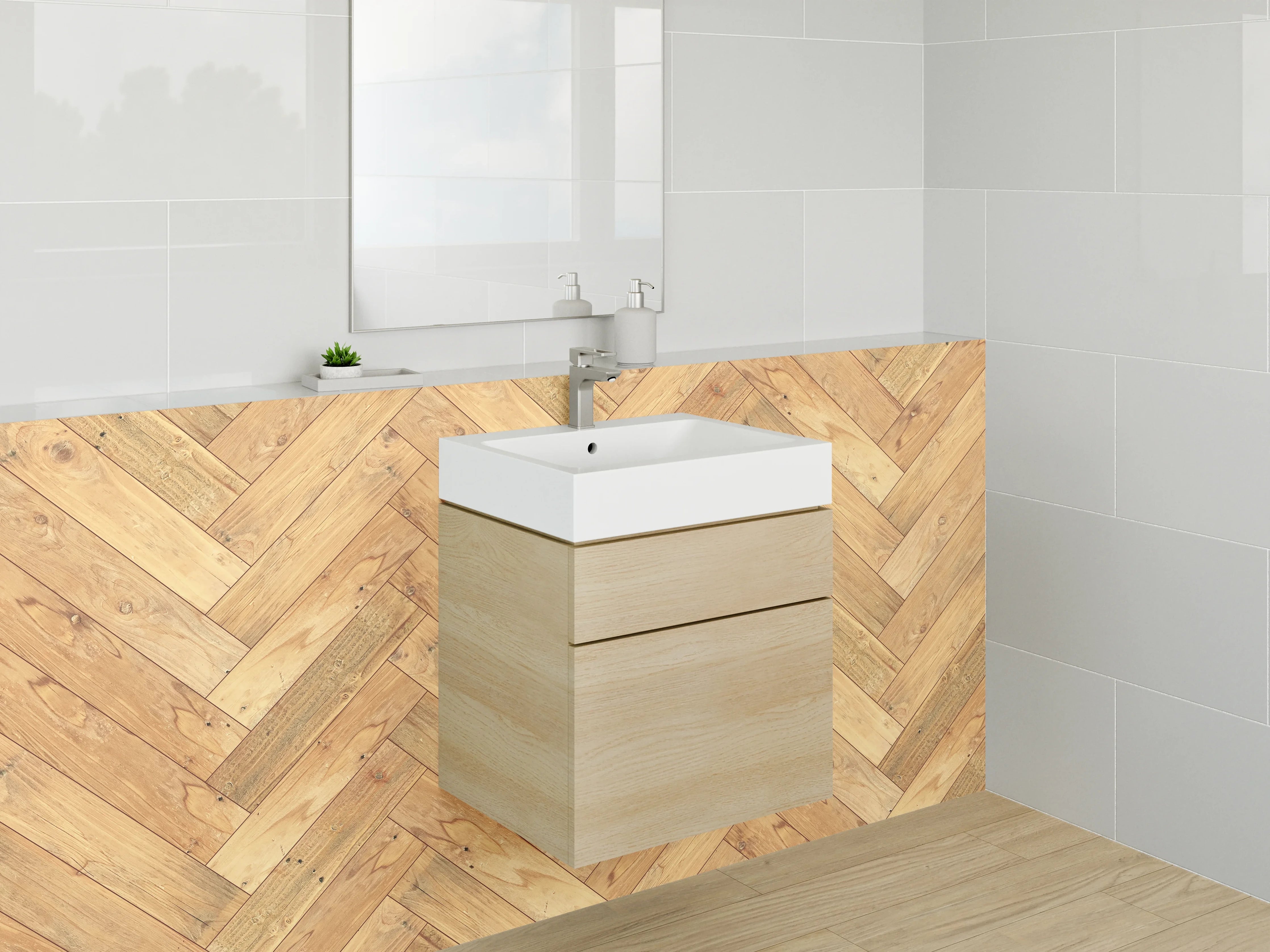 Waschbecken-Rückwand - Helles Hartholzboden in Zickzackmuster