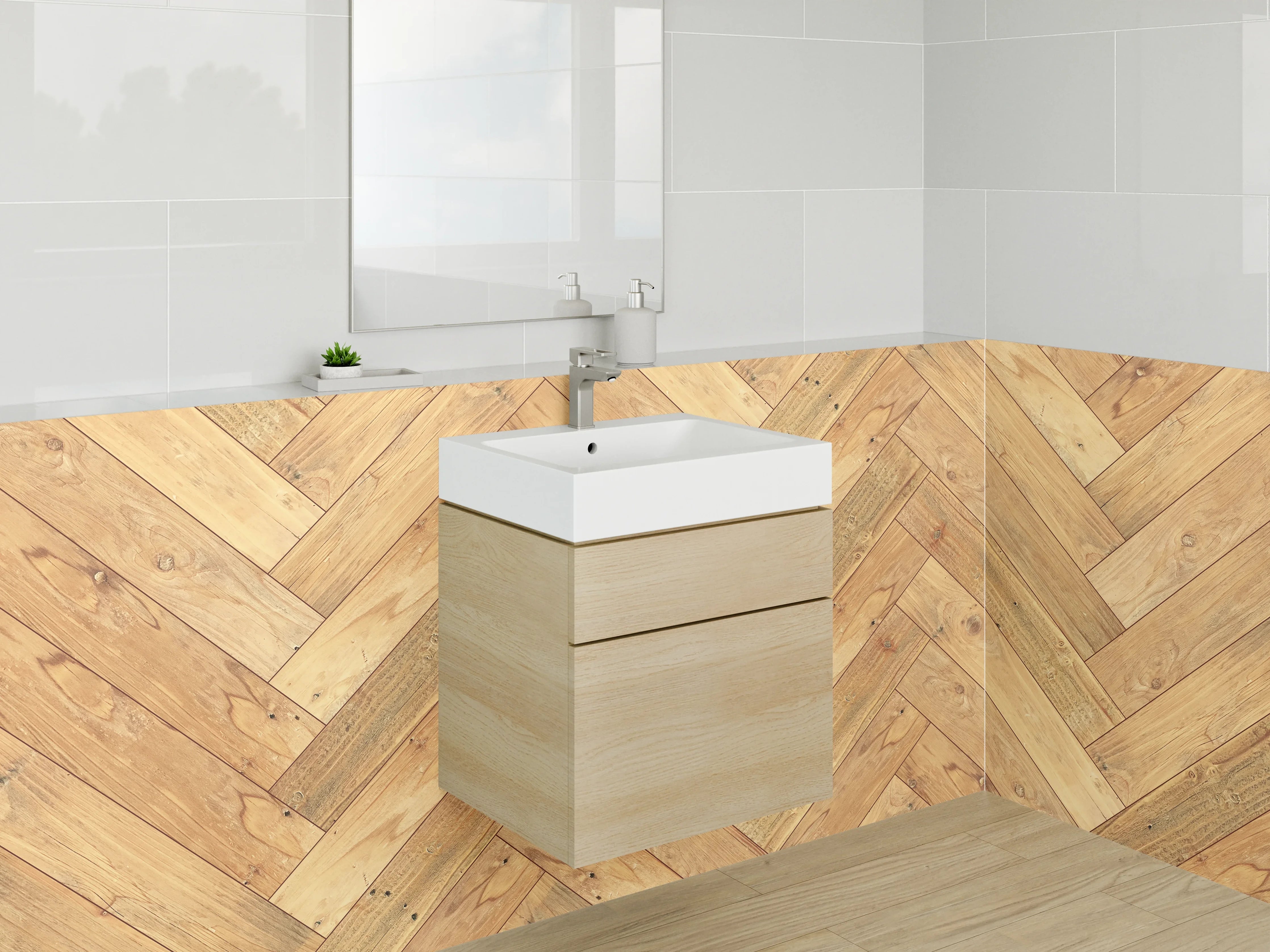 Waschbecken-Rückwand - Helles Hartholzboden in Zickzackmuster