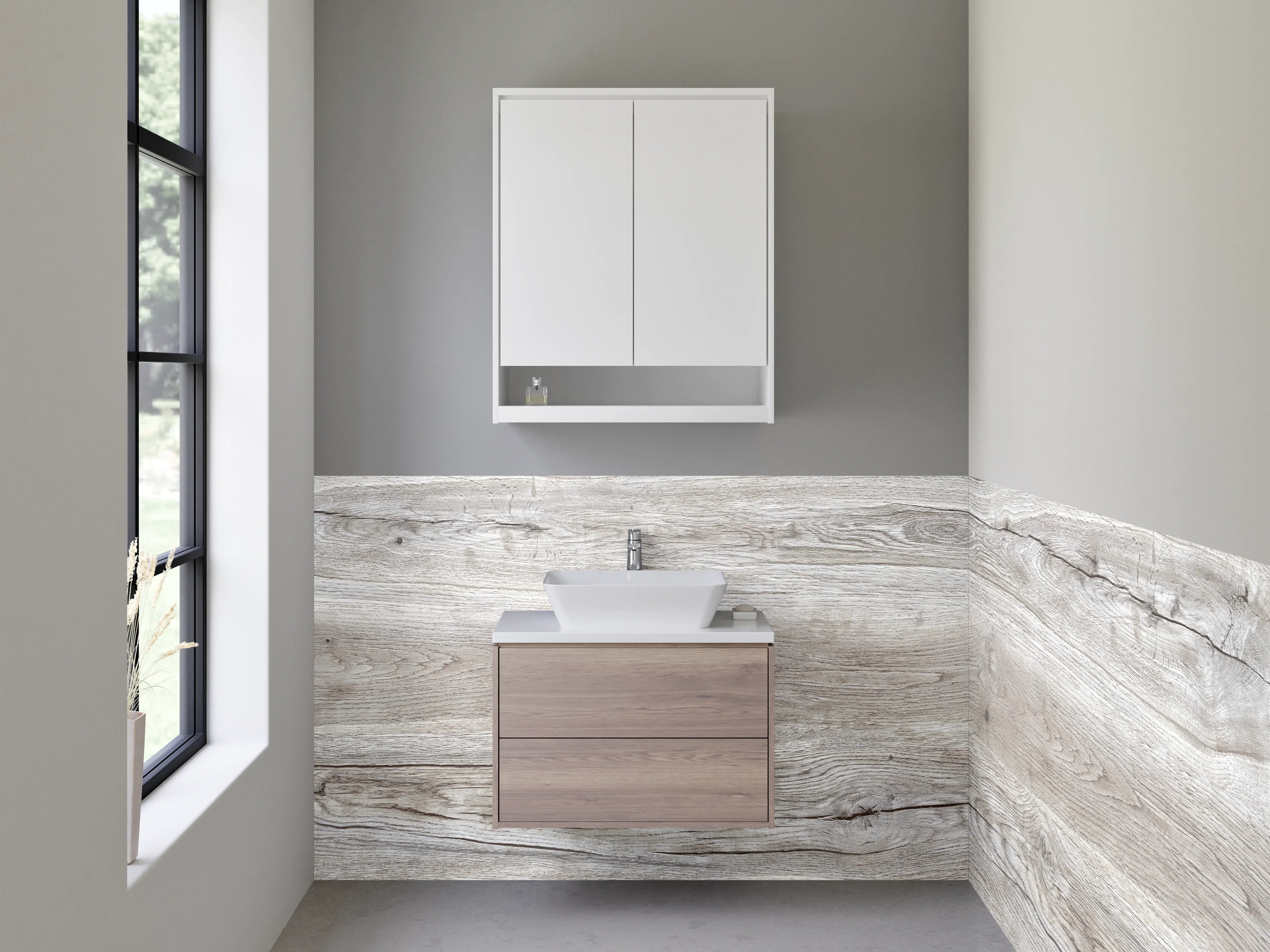 Waschbecken-Rückwand - Helles Holzpaneel im natürlichen Look