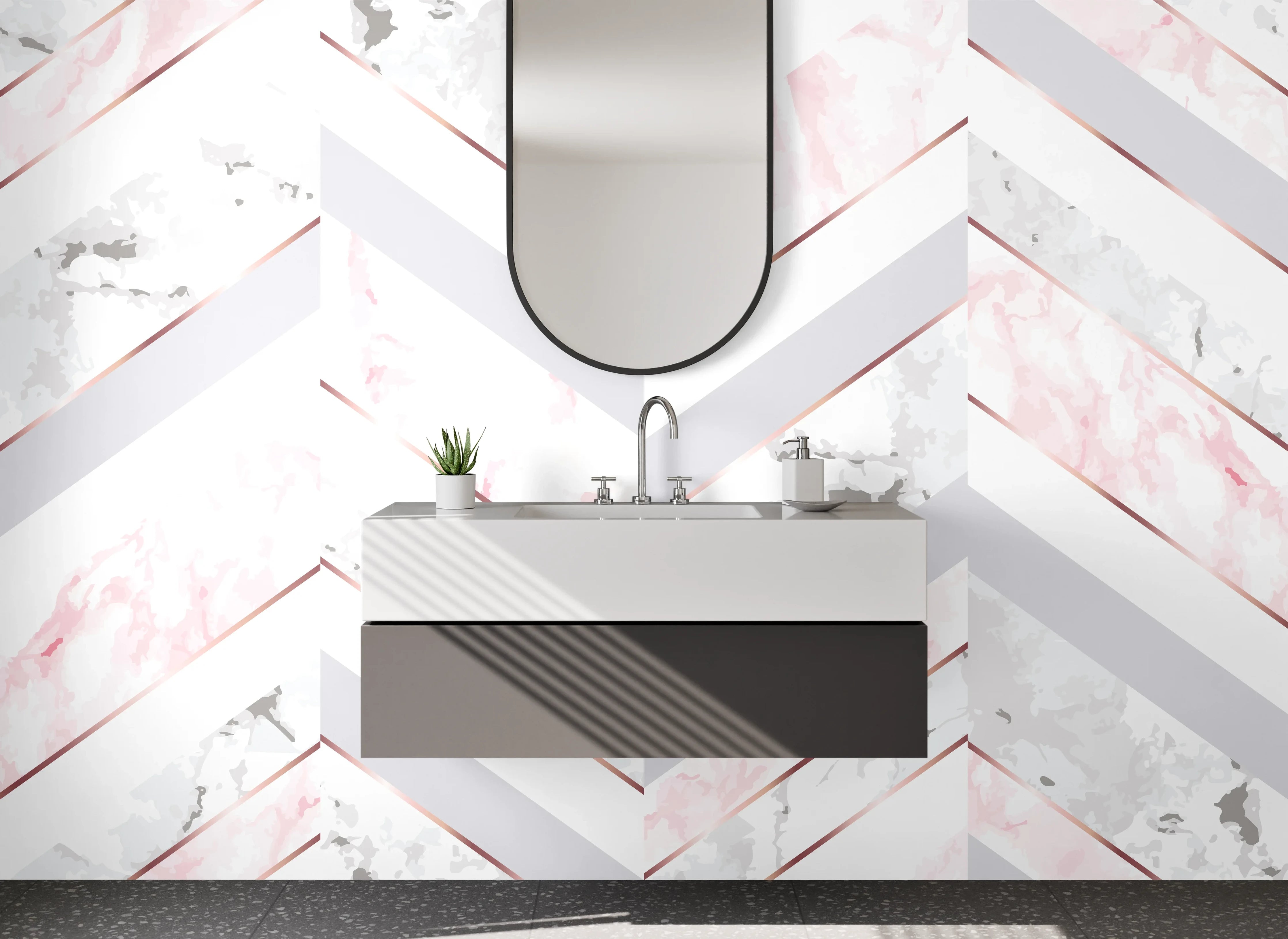 Waschbecken-Rückwand - Helles Marmor Chevron Muster Rosa Grau